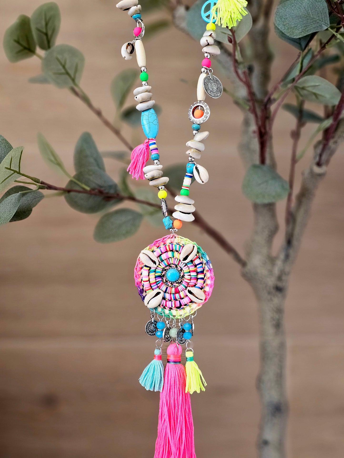 Boho Maxi Free Spirit Necklace with Pink Tassels and Cowrie Shells