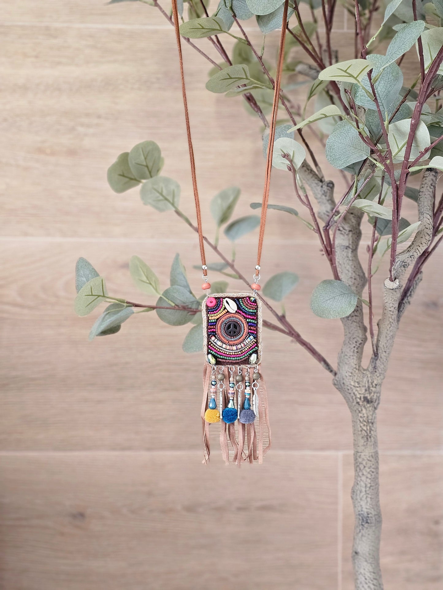 Bohemian necklace with fringe and peace symbol