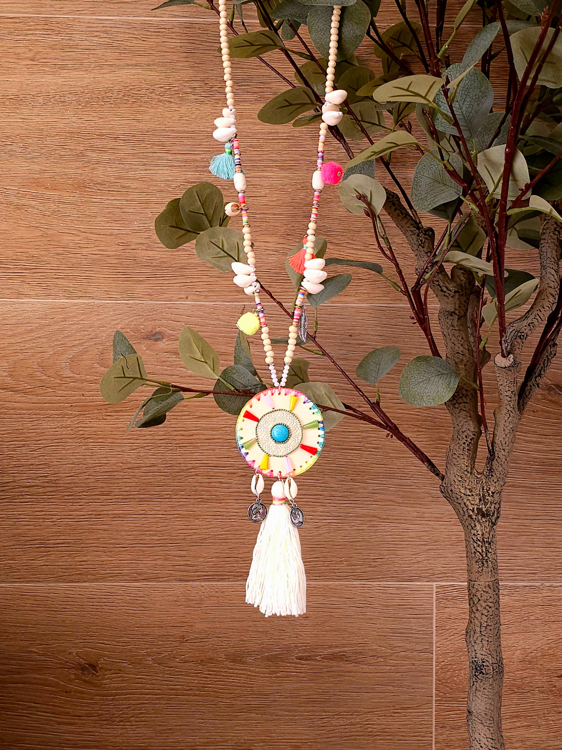 Bohemian White Maxi Necklace with Cowrie Shells and Tassels