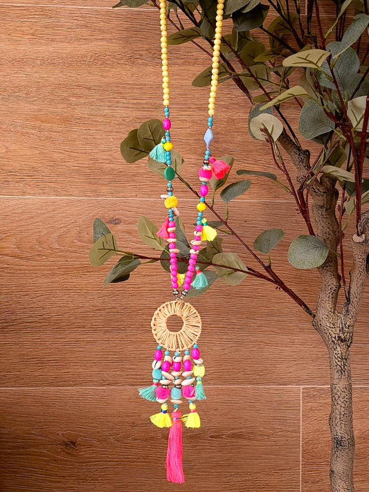 Bohemian Vibrant Pom-pom Necklace with Colorful Beads and Tassels