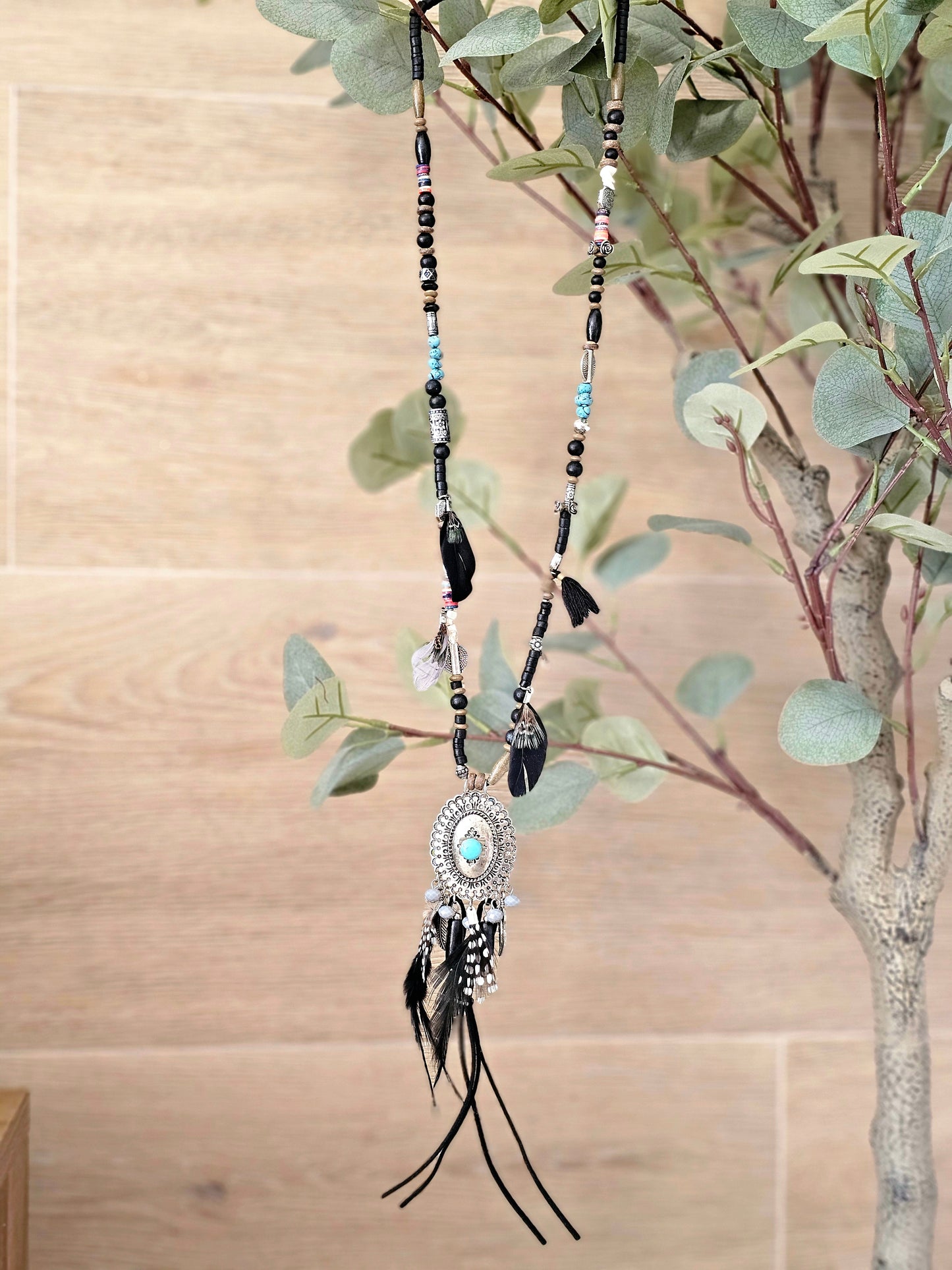 Bohemian Medallion Necklace with Feather and Beads
