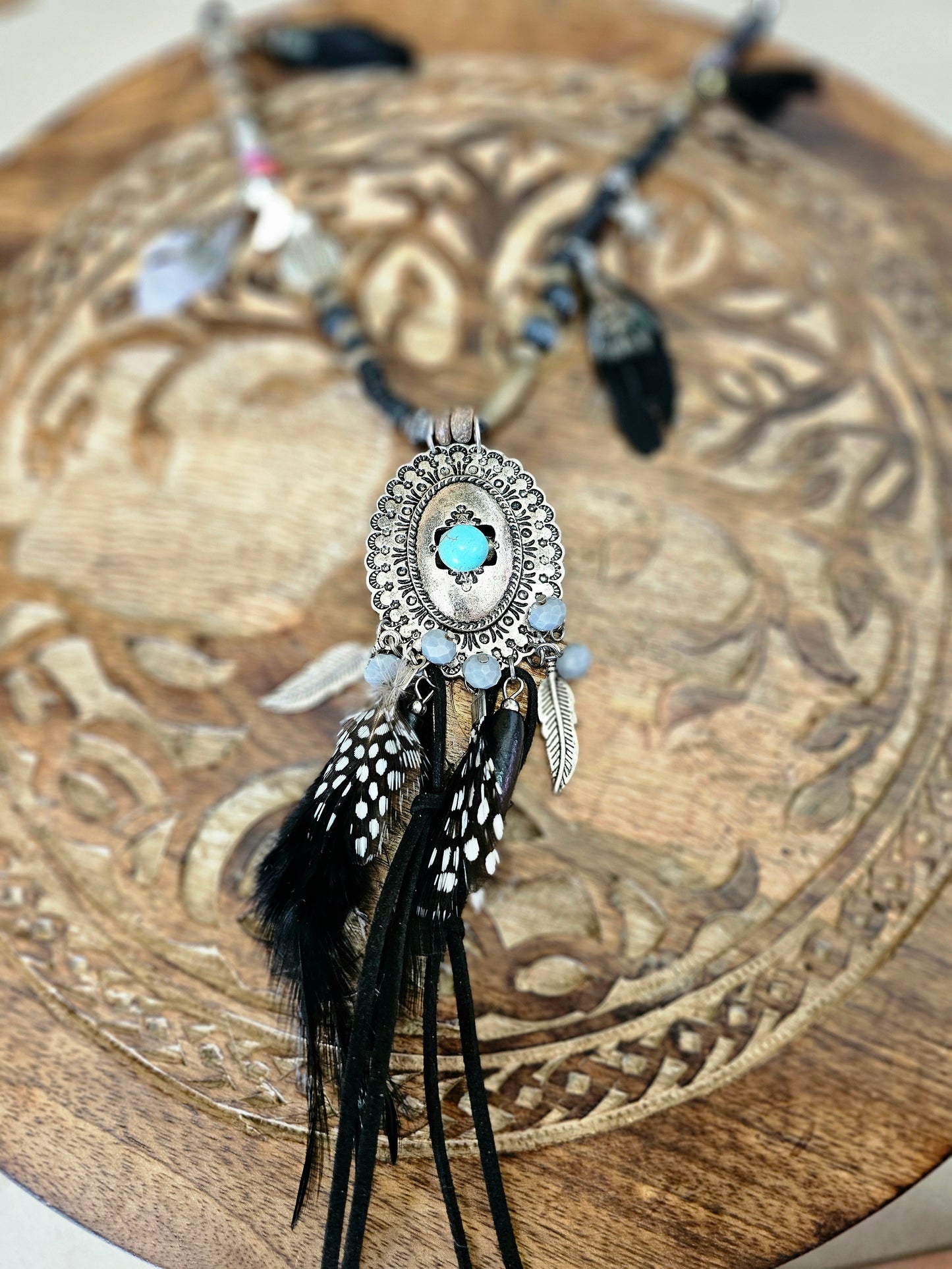 Bohemian Medallion Necklace with Feather and Beads