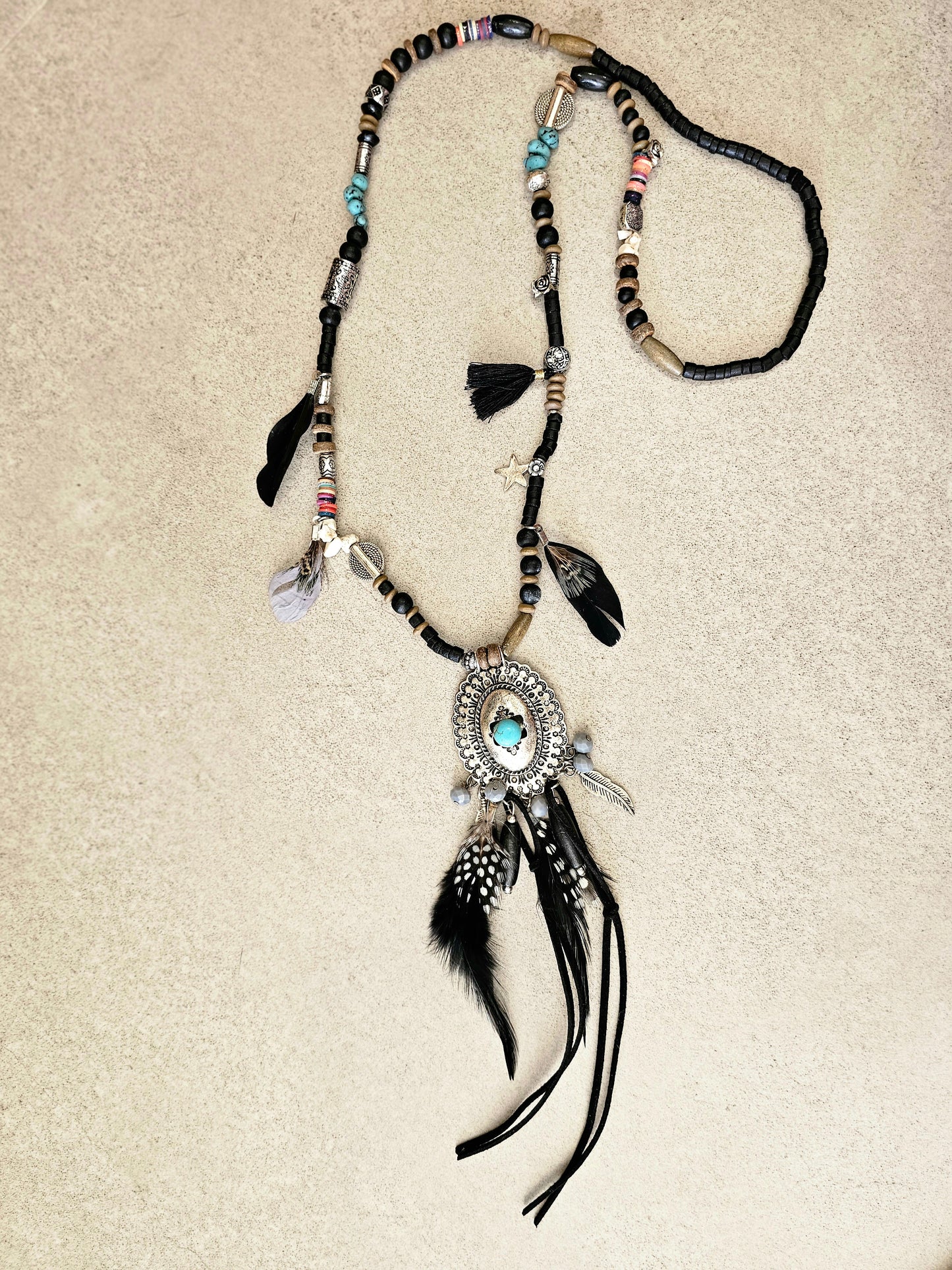 Bohemian Medallion Necklace with Feather and Beads