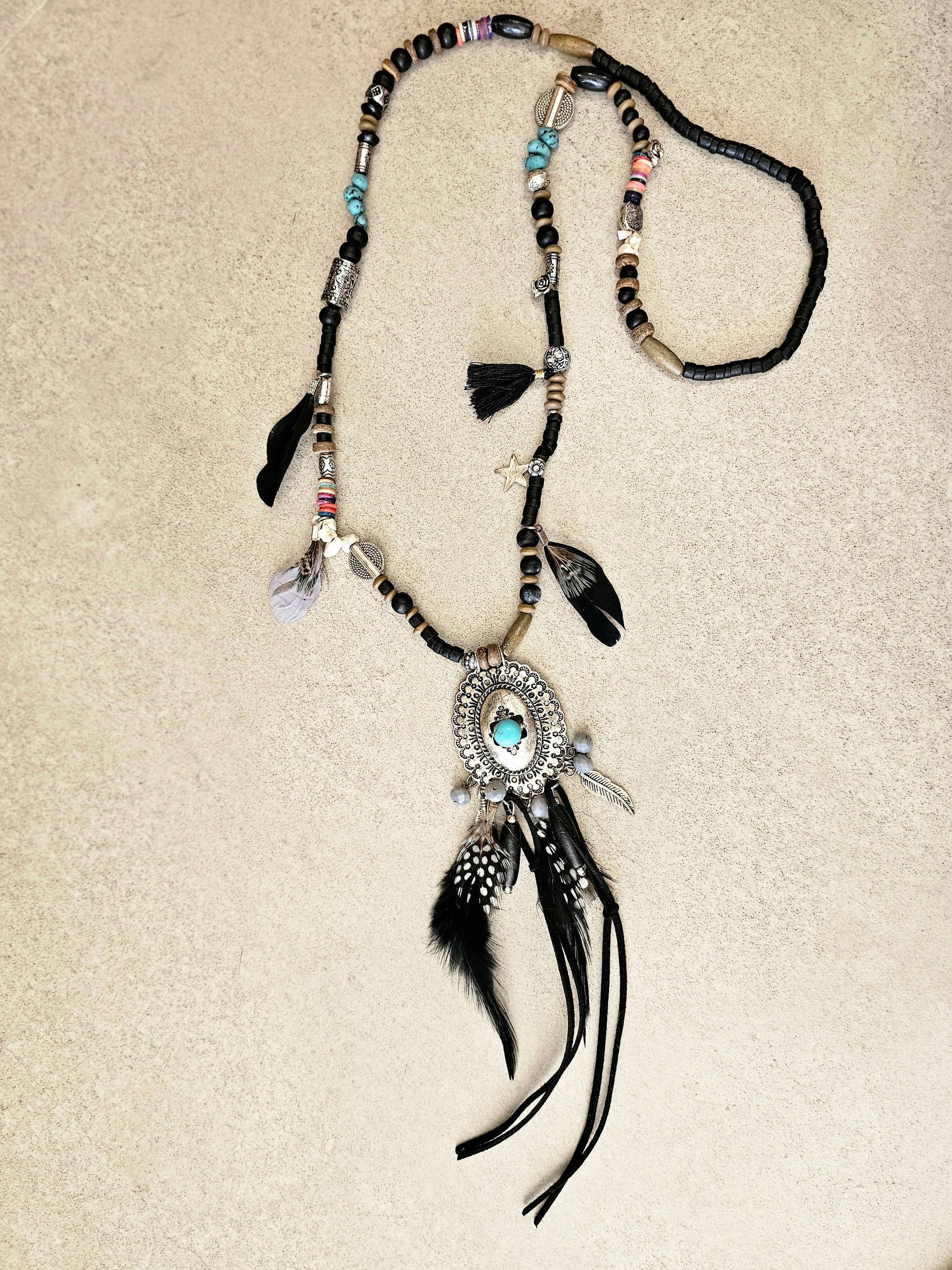 Bohemian Medallion Necklace with Feather and Beads