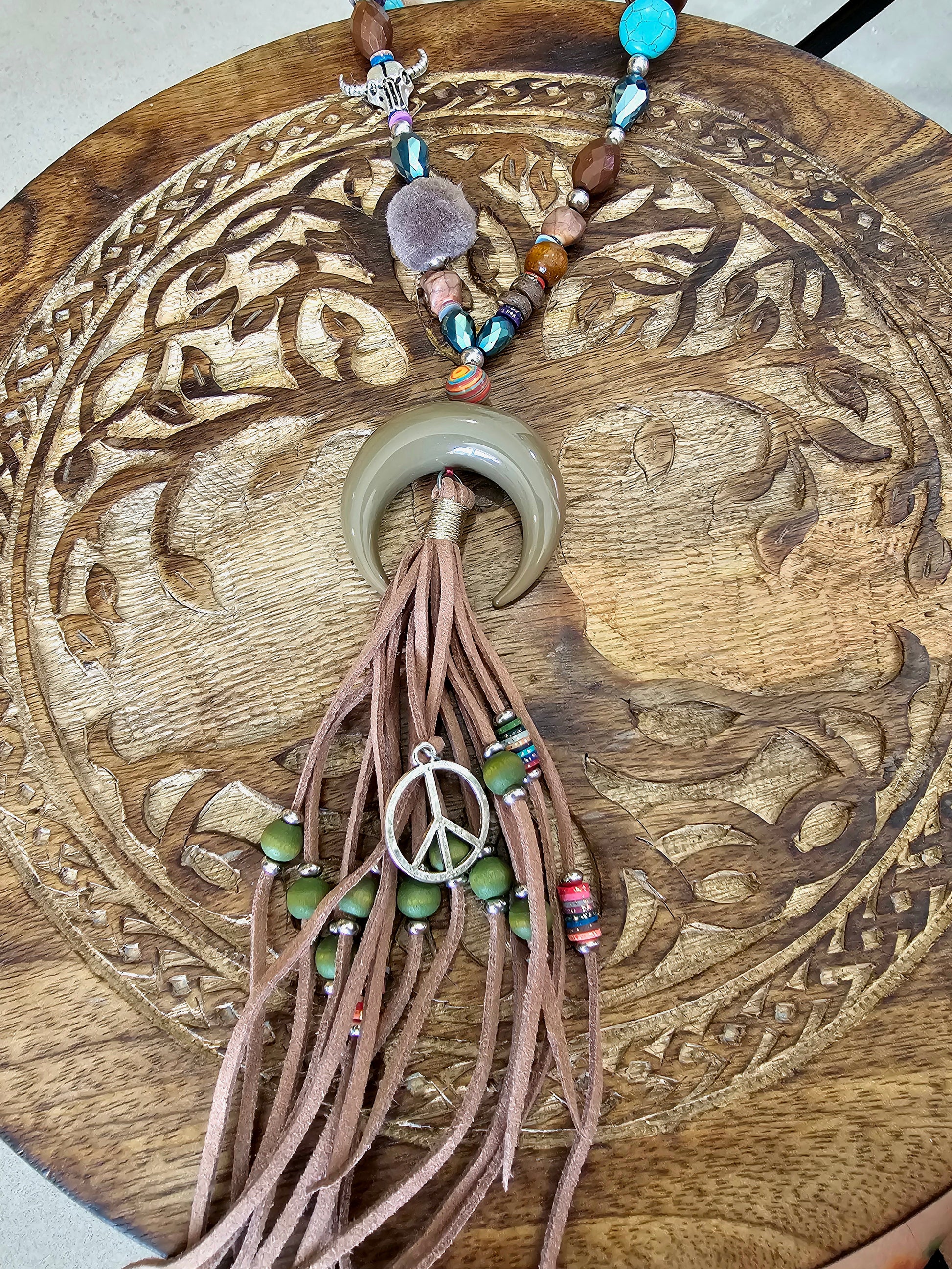 Bohemian Moon and Peace Necklace with Beads and Charms