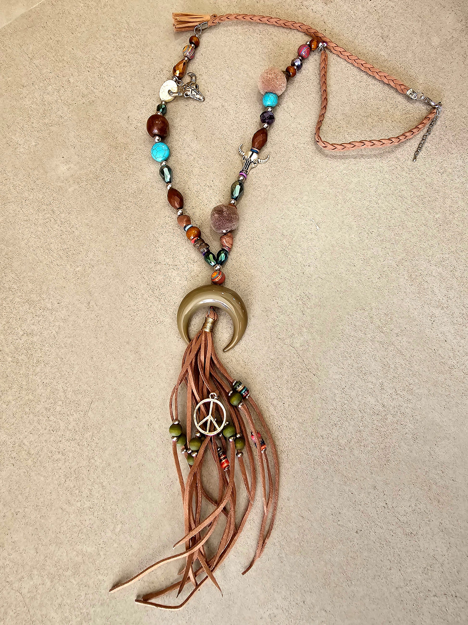 Bohemian Moon and Peace Necklace with Beads and Charms