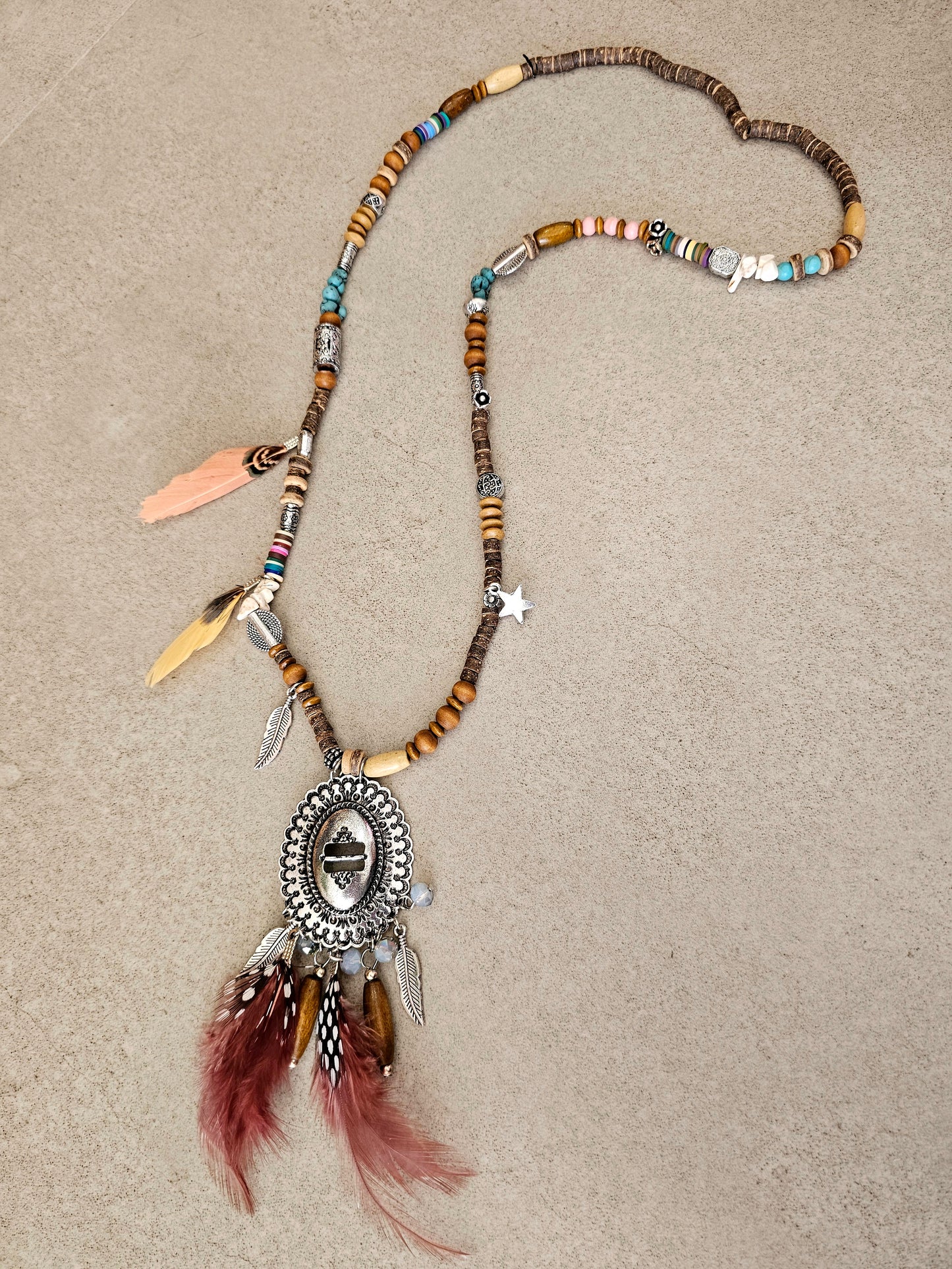 Bohemian Medallion Necklace with Feather and Beads
