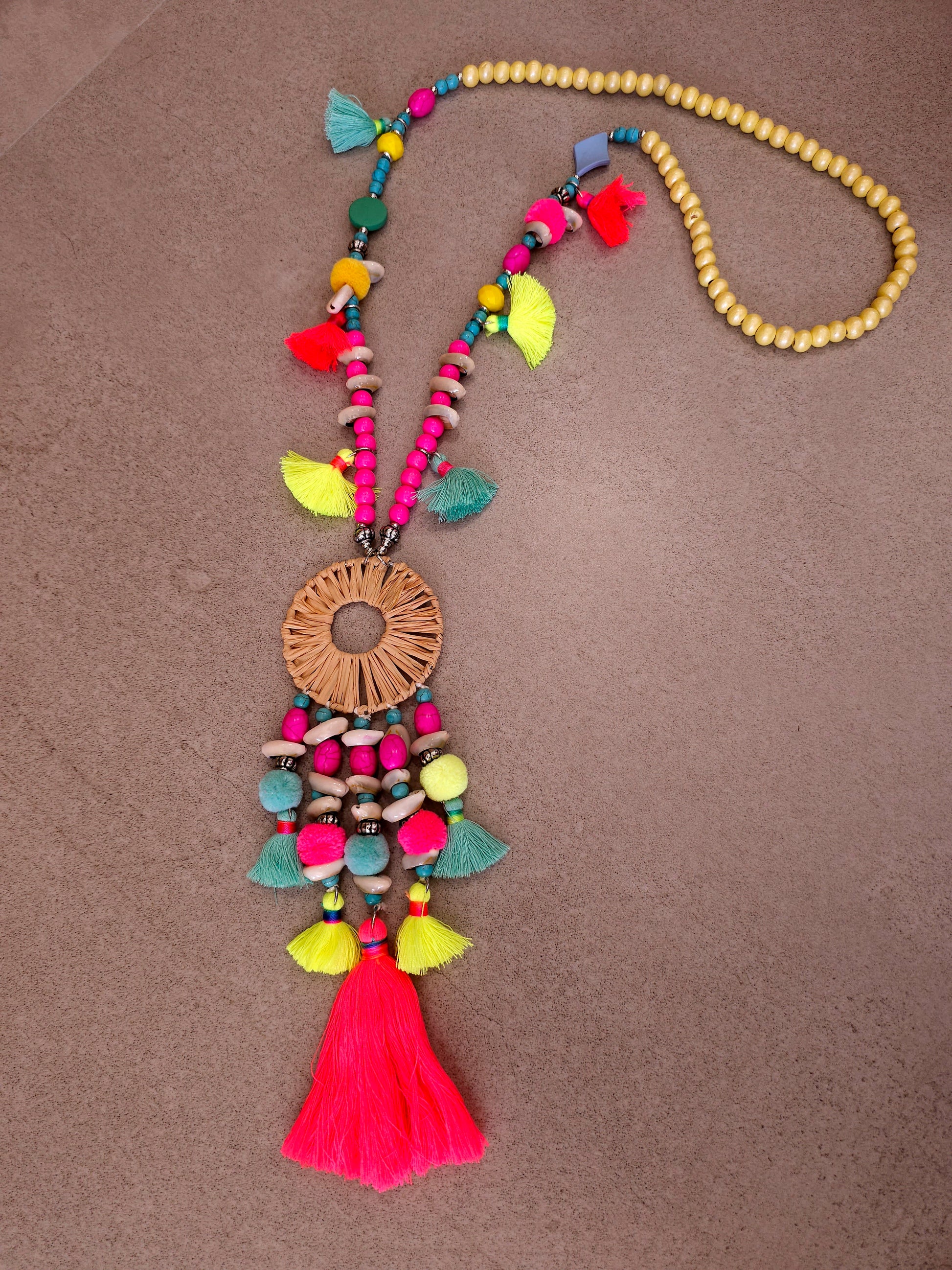 Bohemian Vibrant Pom-pom Necklace with Colorful Beads and Tassels