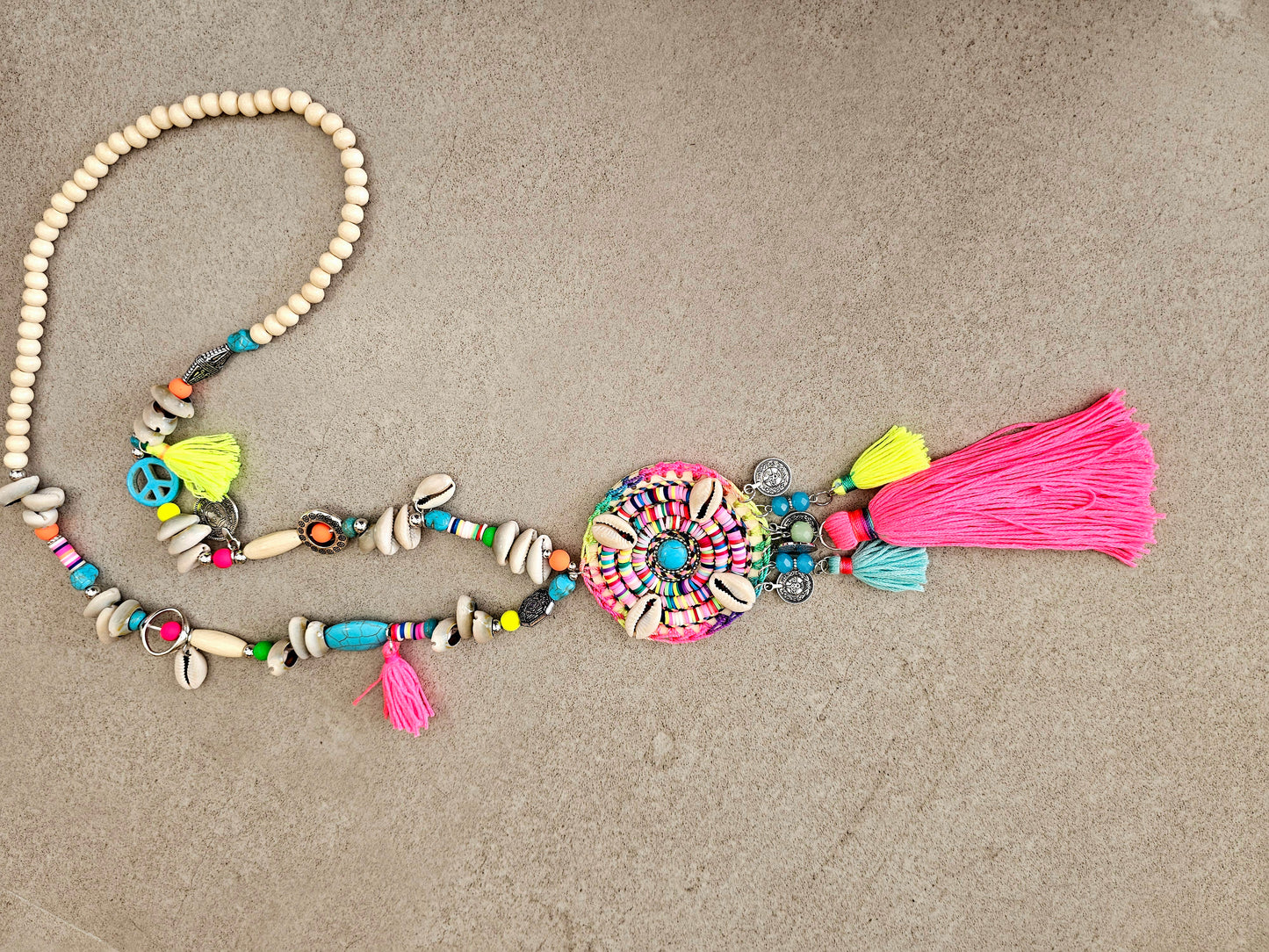 Boho Maxi Free Spirit Necklace with Pink Tassels and Cowrie Shells
