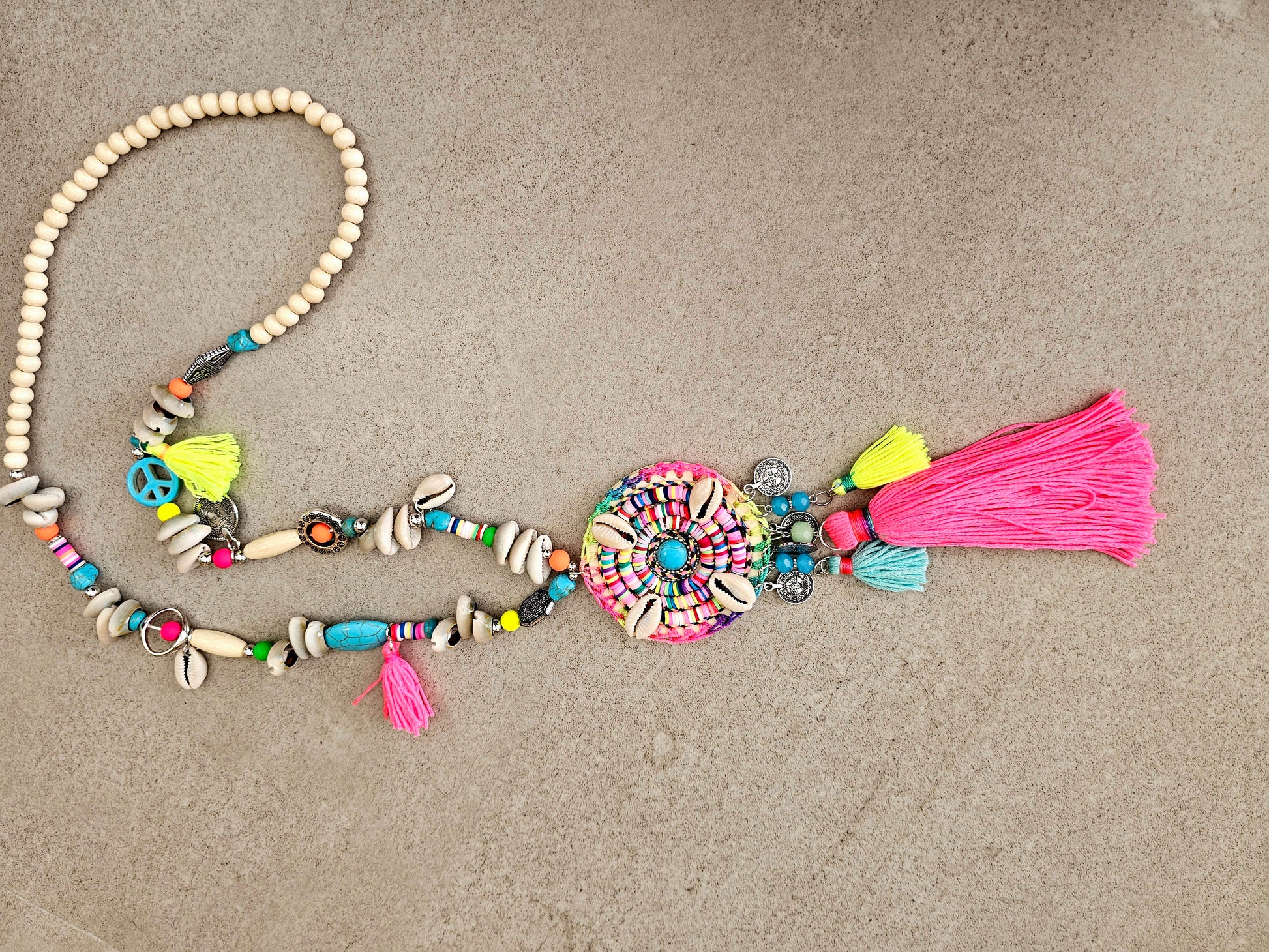 Boho Maxi Free Spirit Necklace with Pink Tassels and Cowrie Shells