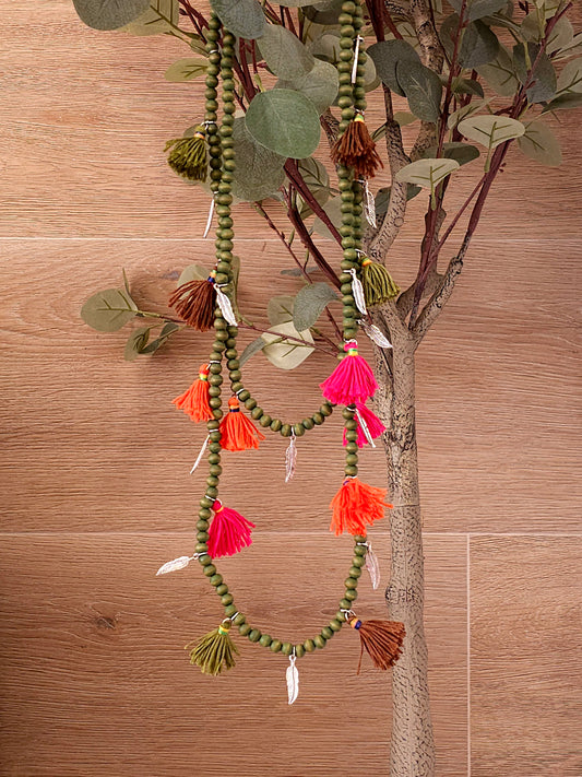 Bohemian long tassel necklace with green beads