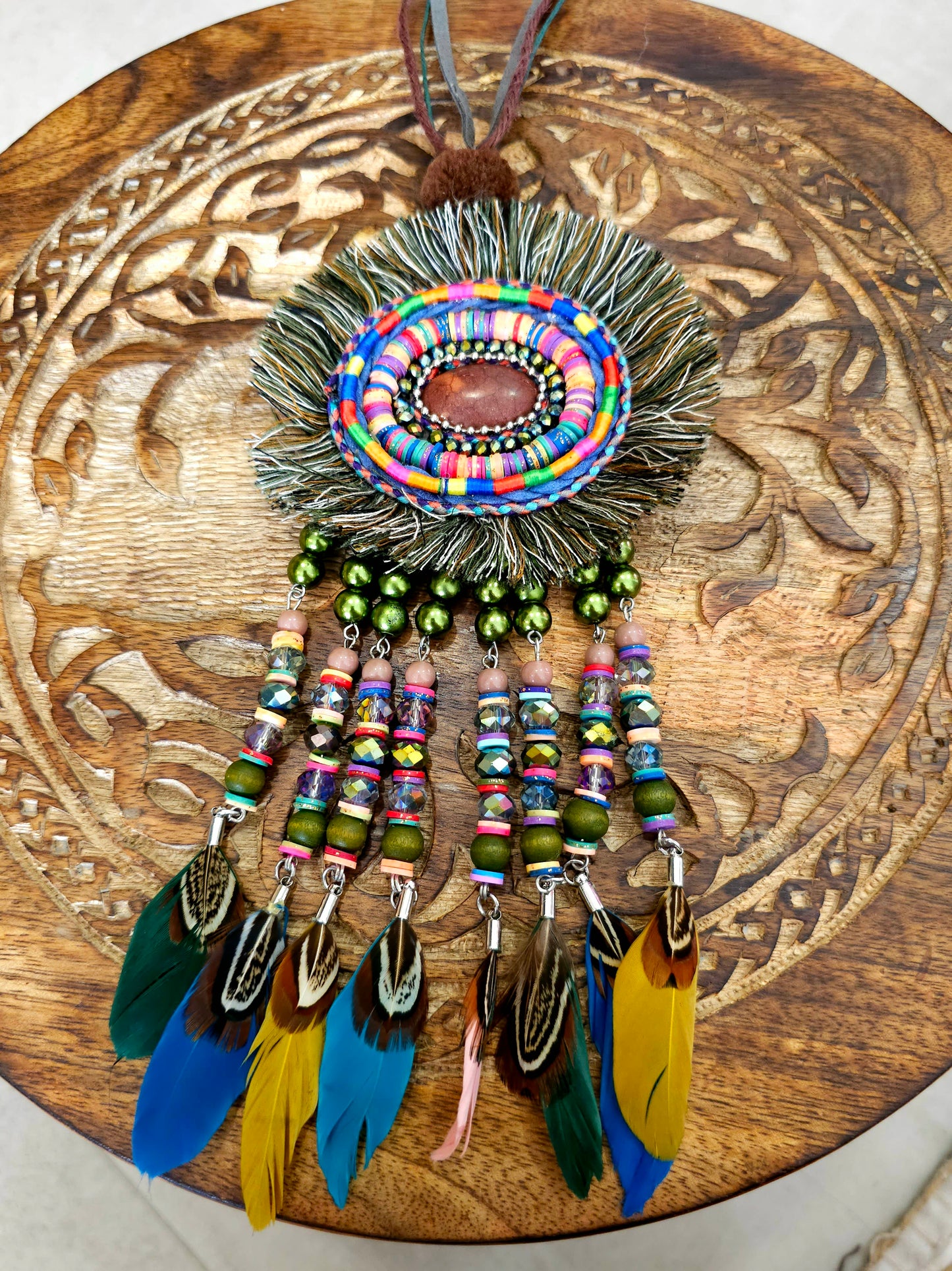 Bohemian feather and bead necklace with leather cord