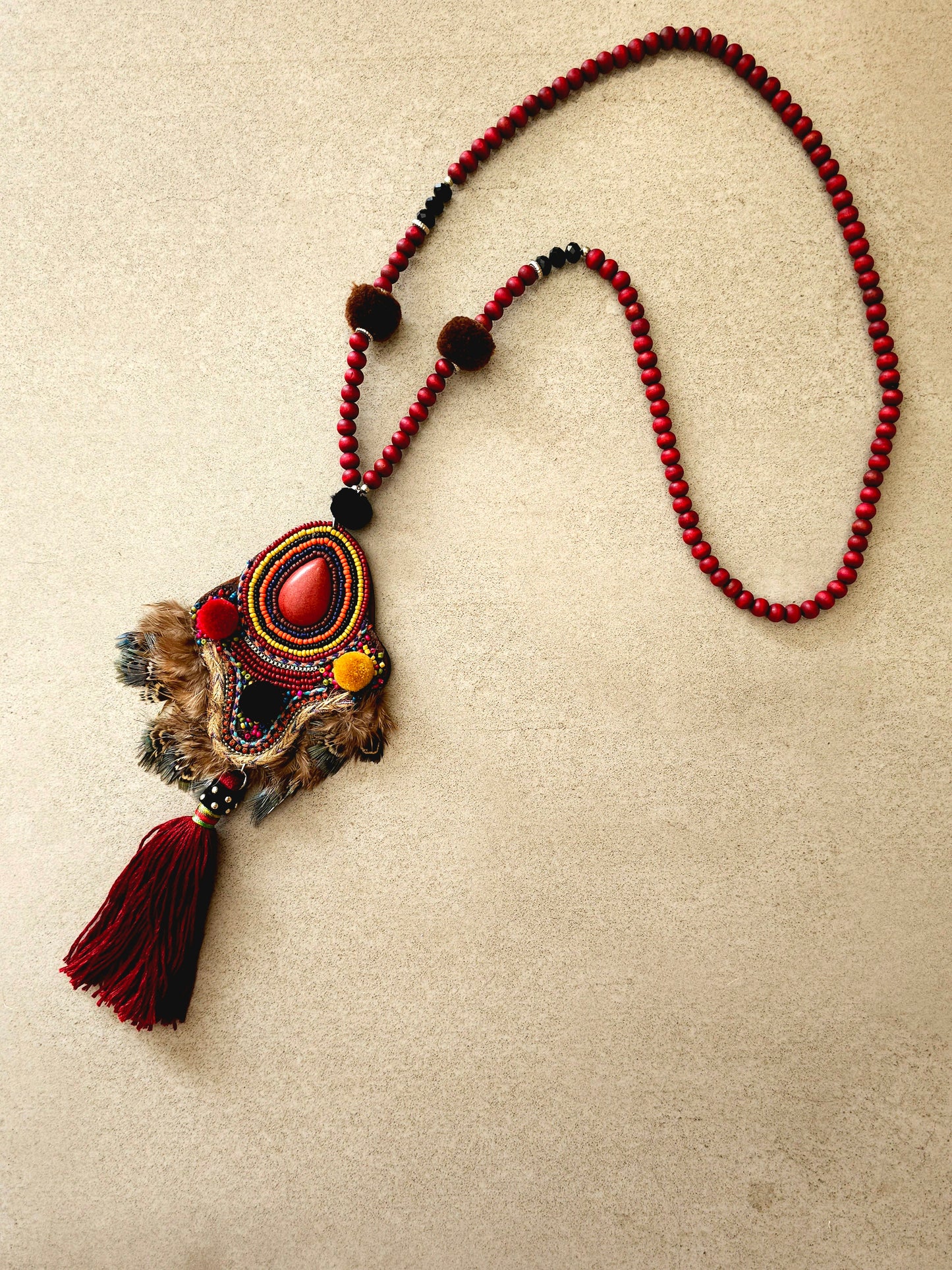 Bohemian Radiant Red Necklace with Tassel and Red Stone