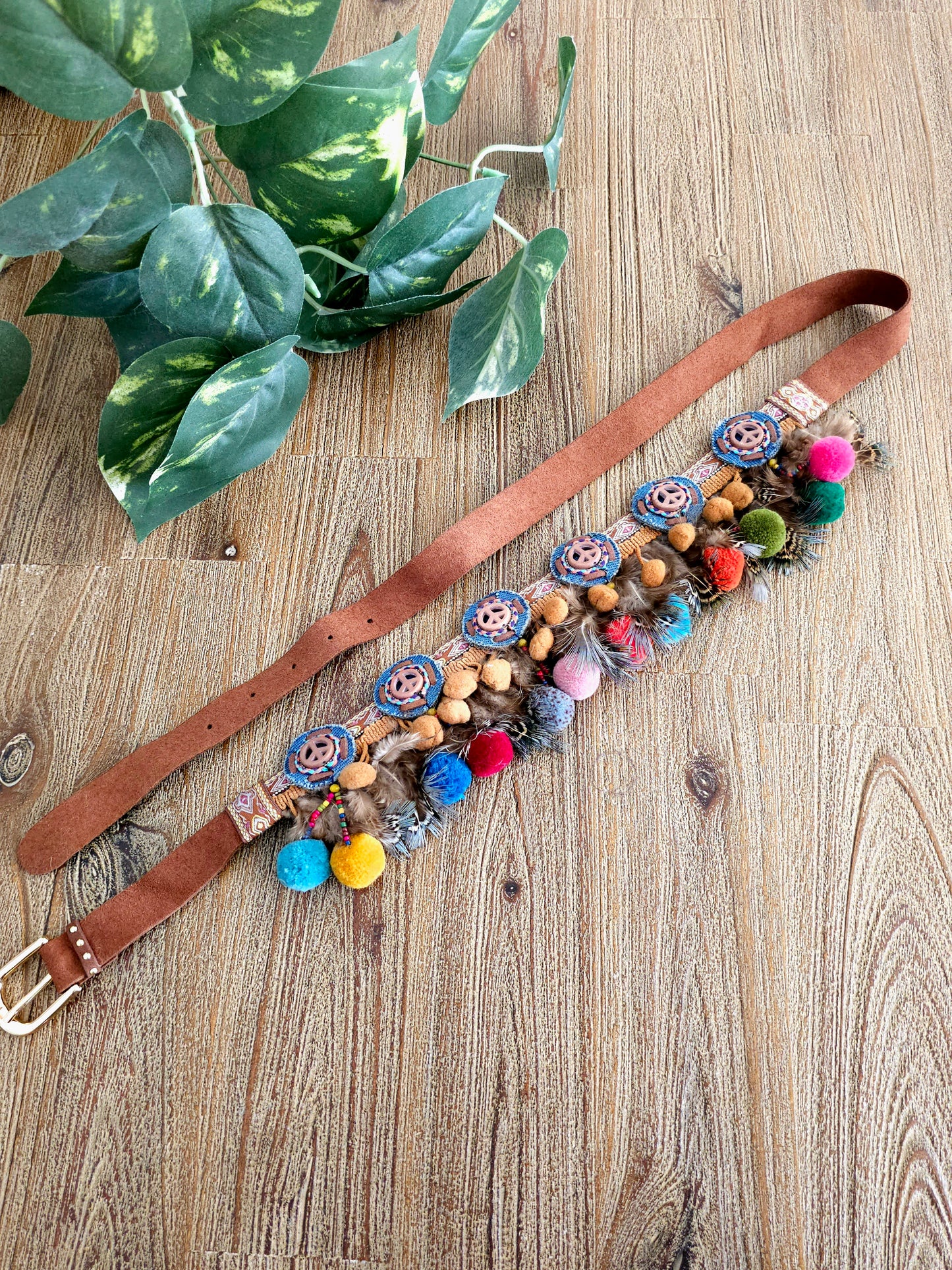 Bohemian Pom-pom Belt with Colorful Leather Strap