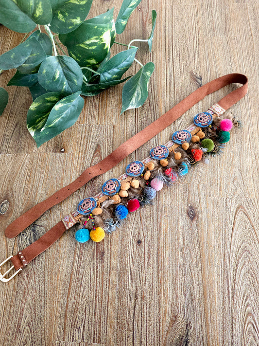 Bohemian Pom-pom Belt with Colorful Leather Strap