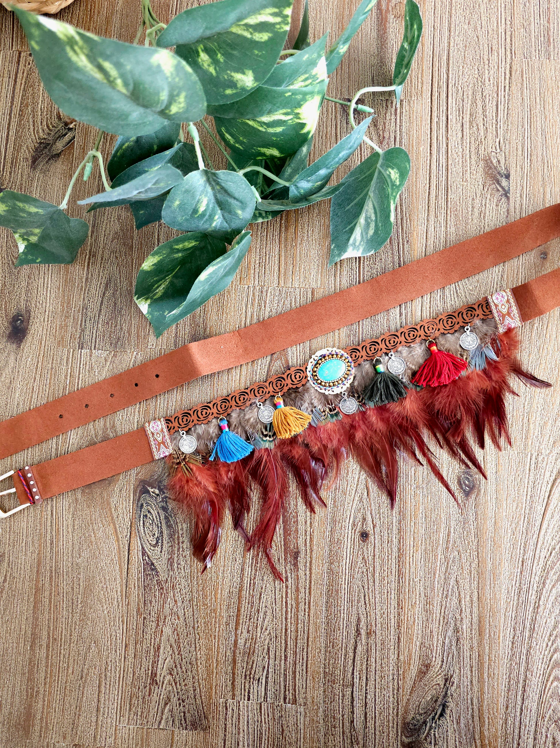 Bohemian feather belt with tassels and charms