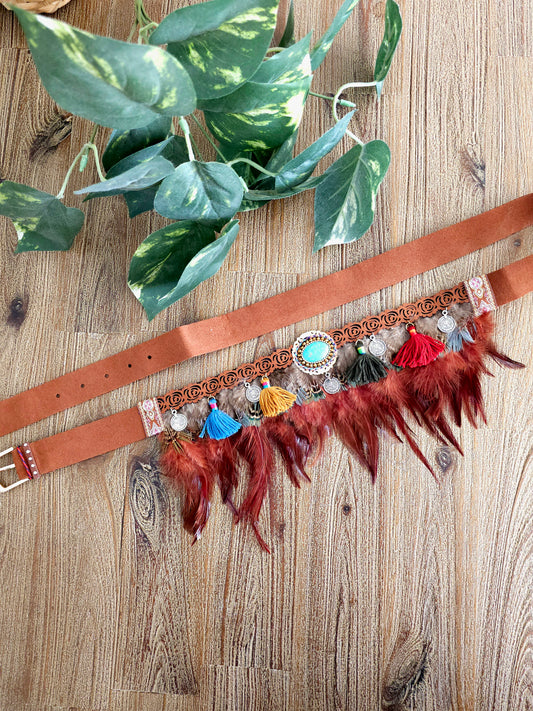 Bohemian feather belt with tassels and charms