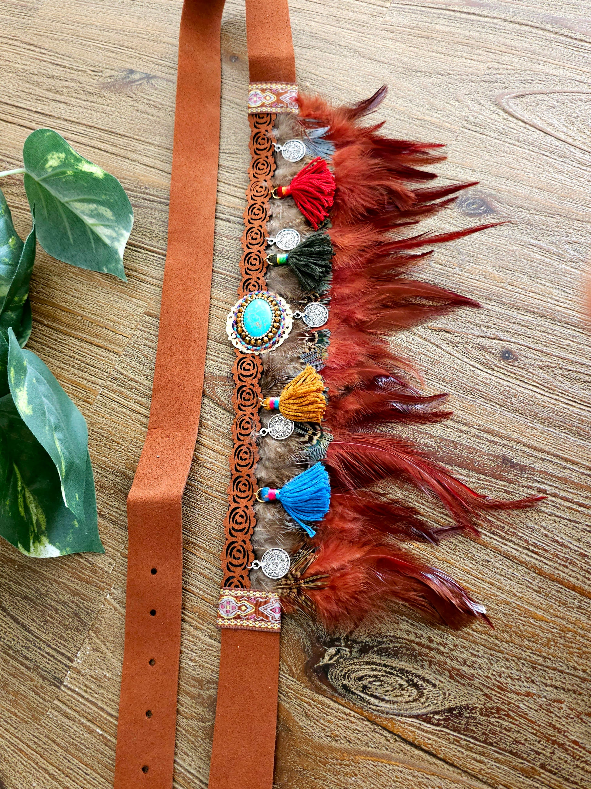 Bohemian feather belt with tassels and charms