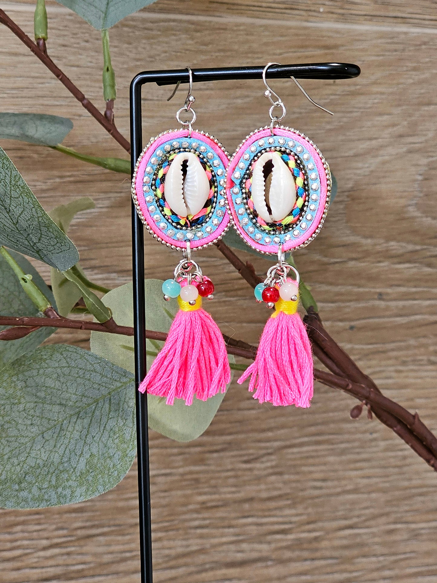 Pink Chic Earrings with Tassel and Cowrie Shell Design