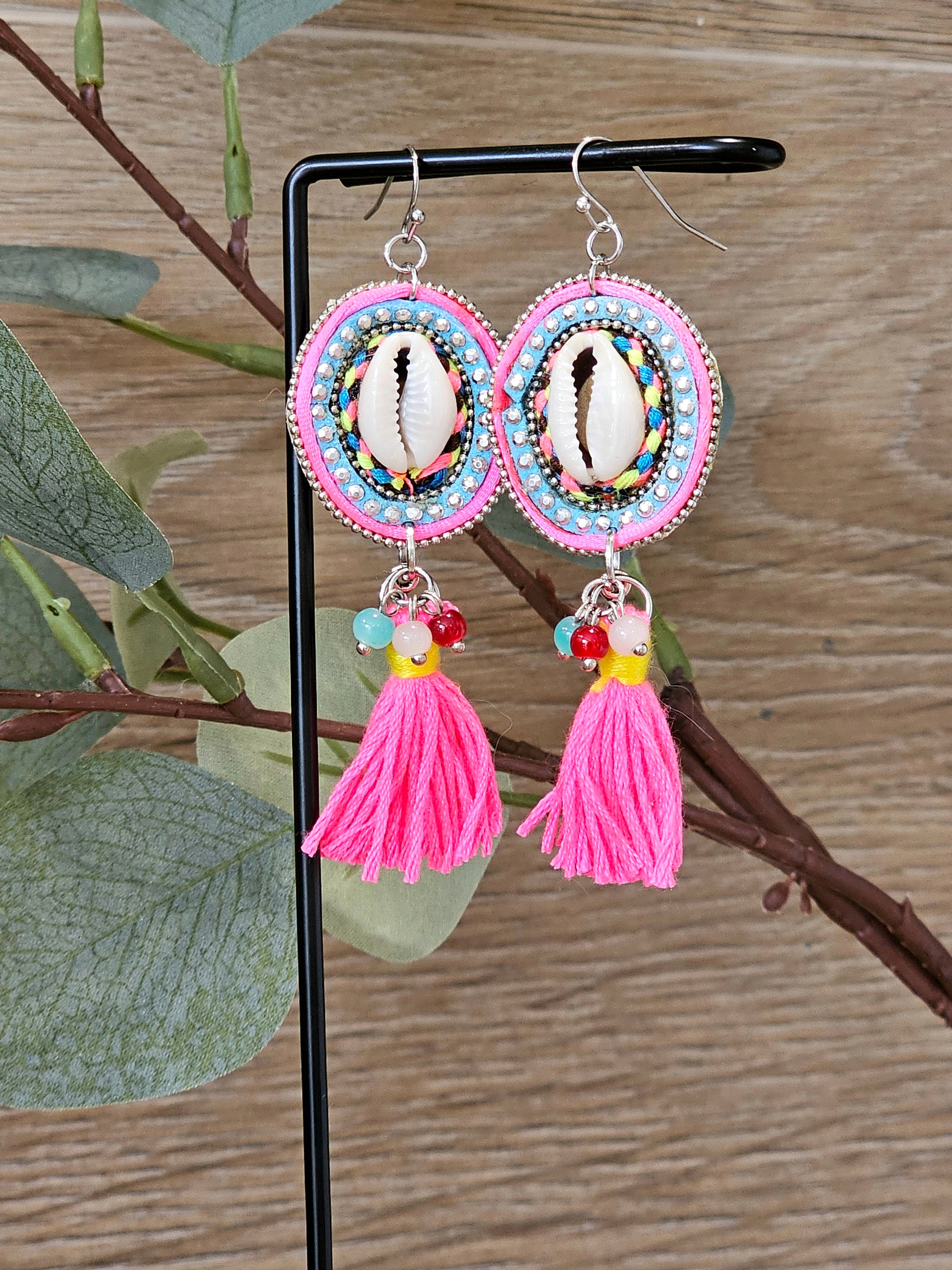 Pink Chic Earrings with Tassel and Cowrie Shell Design