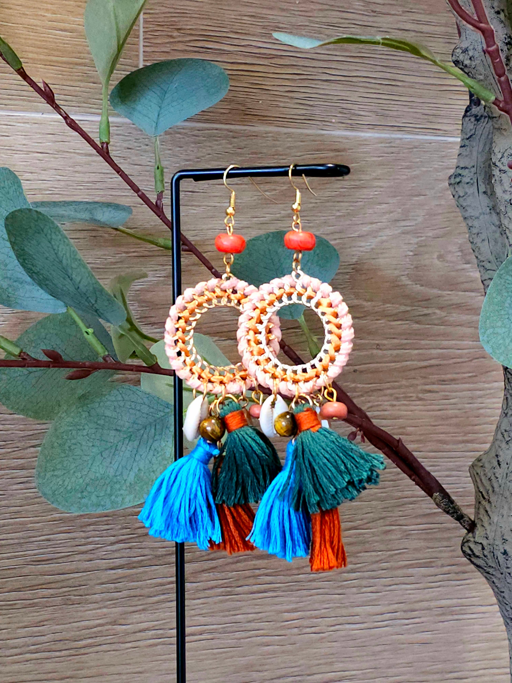 Boho Harvest Earrings with Woven Hoops and Cowrie Shells