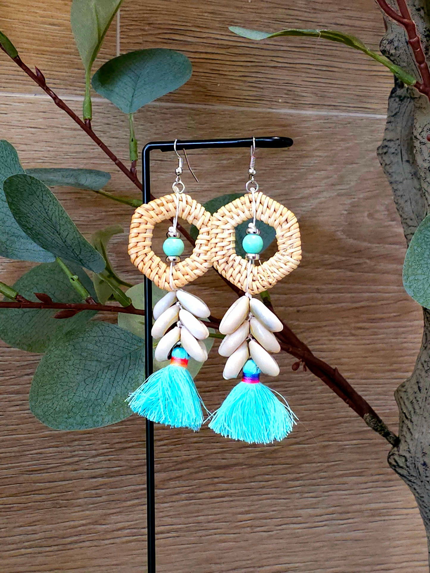 Coastal Breeze Earrings with Rattan Hoops and Cowrie Shells