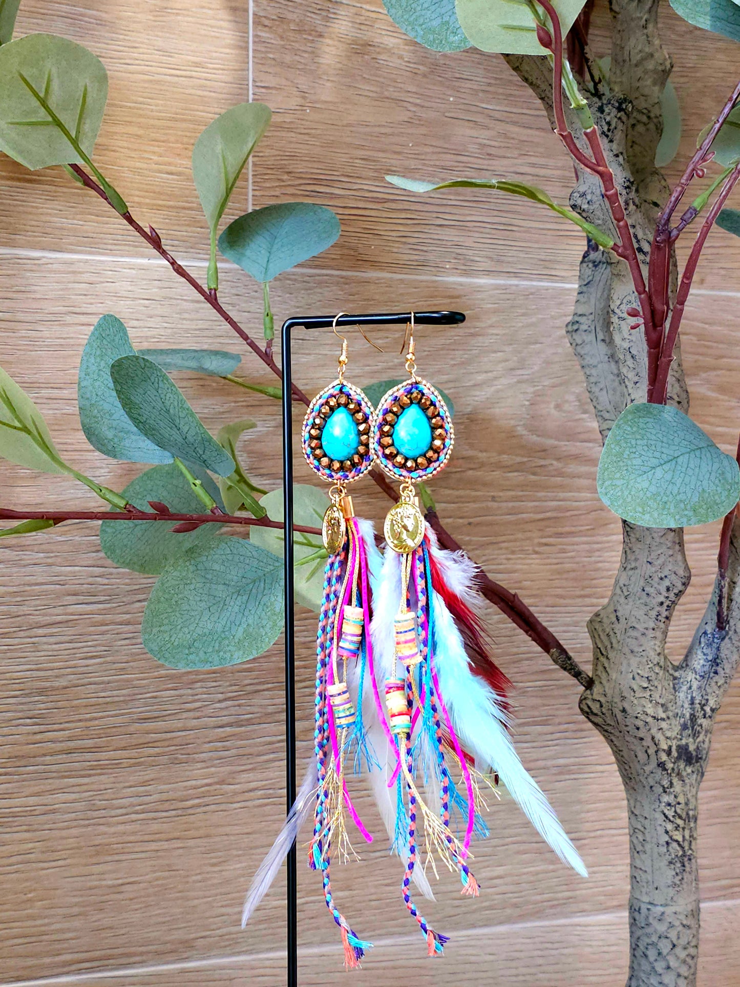 Spirit Feathers Earrings with Vibrant Feathers and Braided Accents