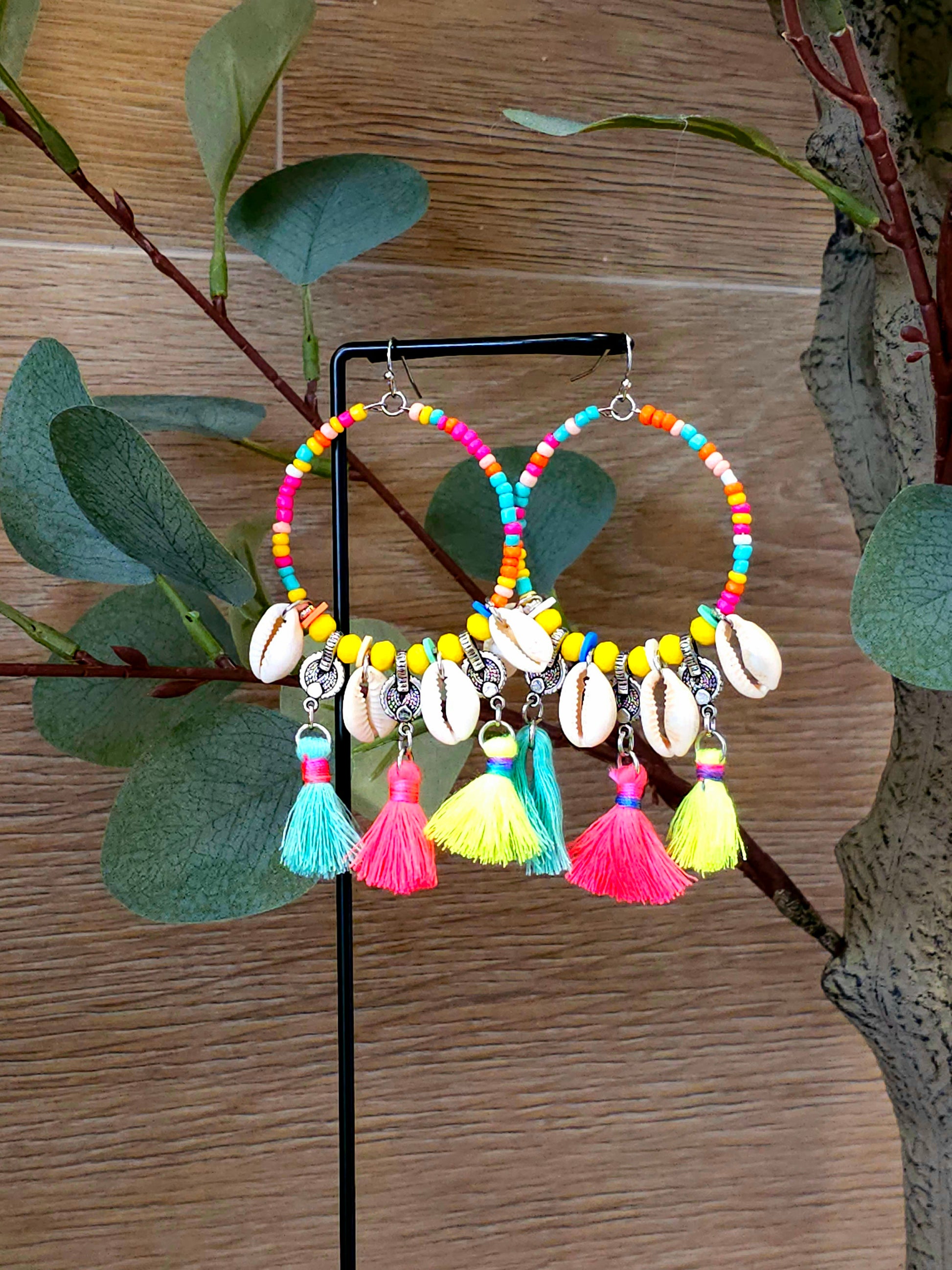 Tropical Fiesta Earrings with Multicolored Beads and Shells