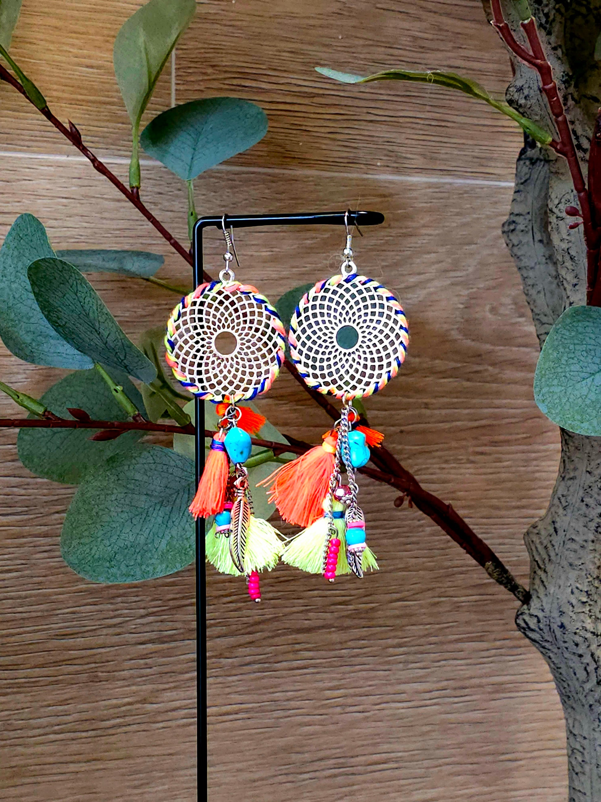Dreamcatcher Earrings with Colorful Tassels and Feathers