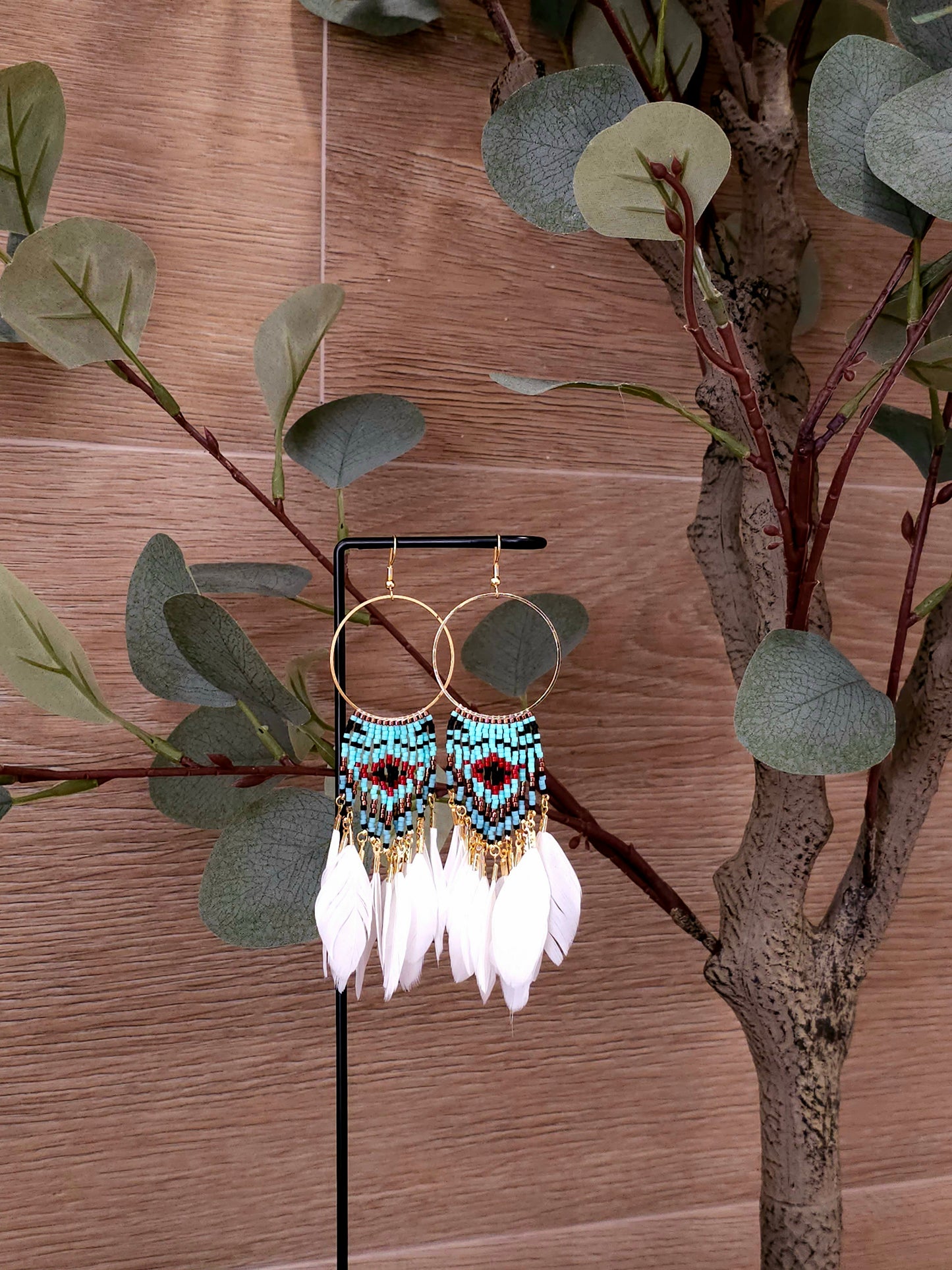 Dream Feather Earrings with Gold Hoops and Beadwork