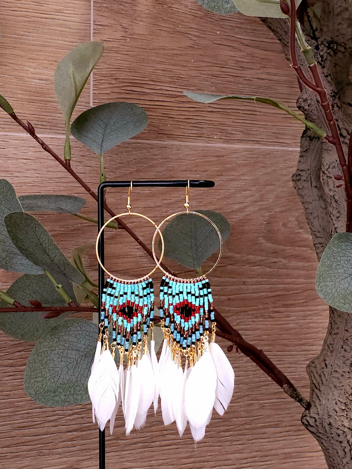 Dream Feather Earrings with Gold Hoops and Beadwork