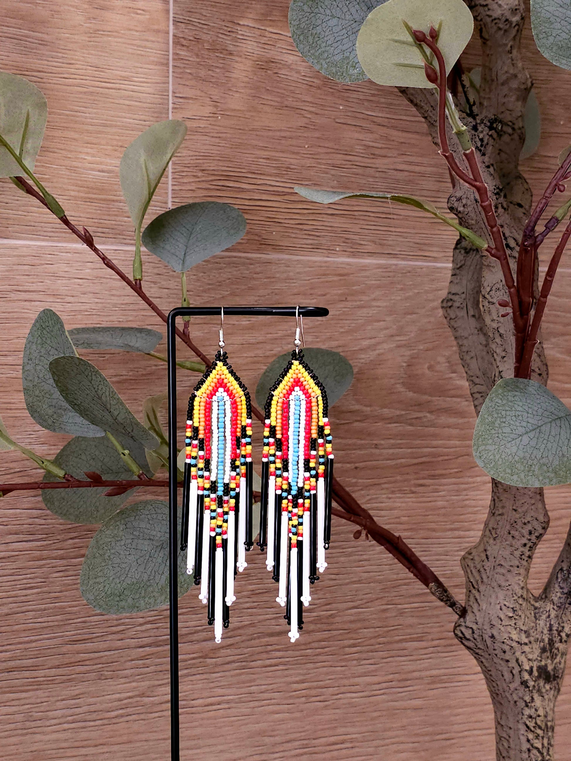 Fiery Cascade Earrings with Color Gradient and Fringe Beads