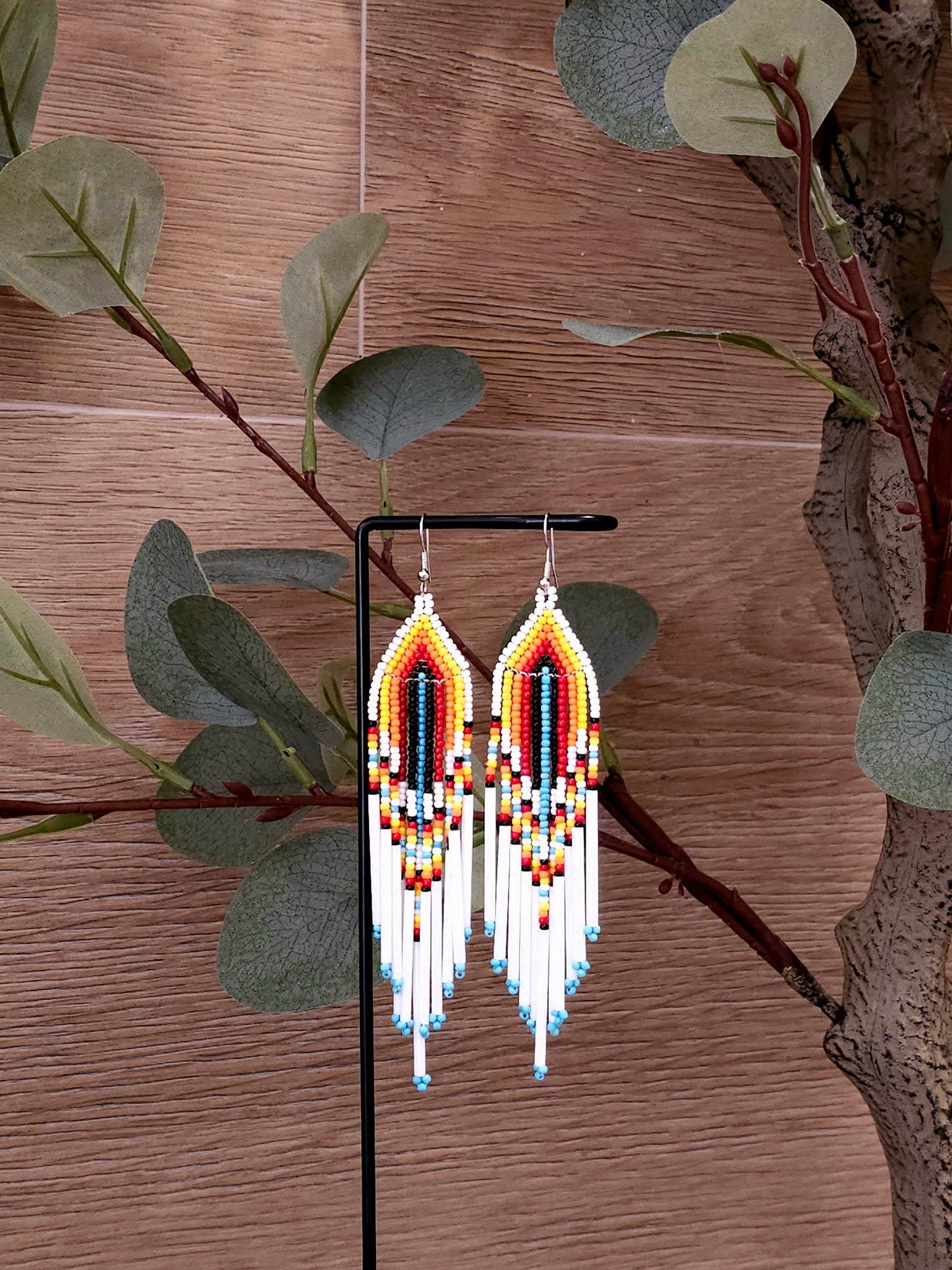 Rainbow Flame Earrings with Gradient Beads and Fringe