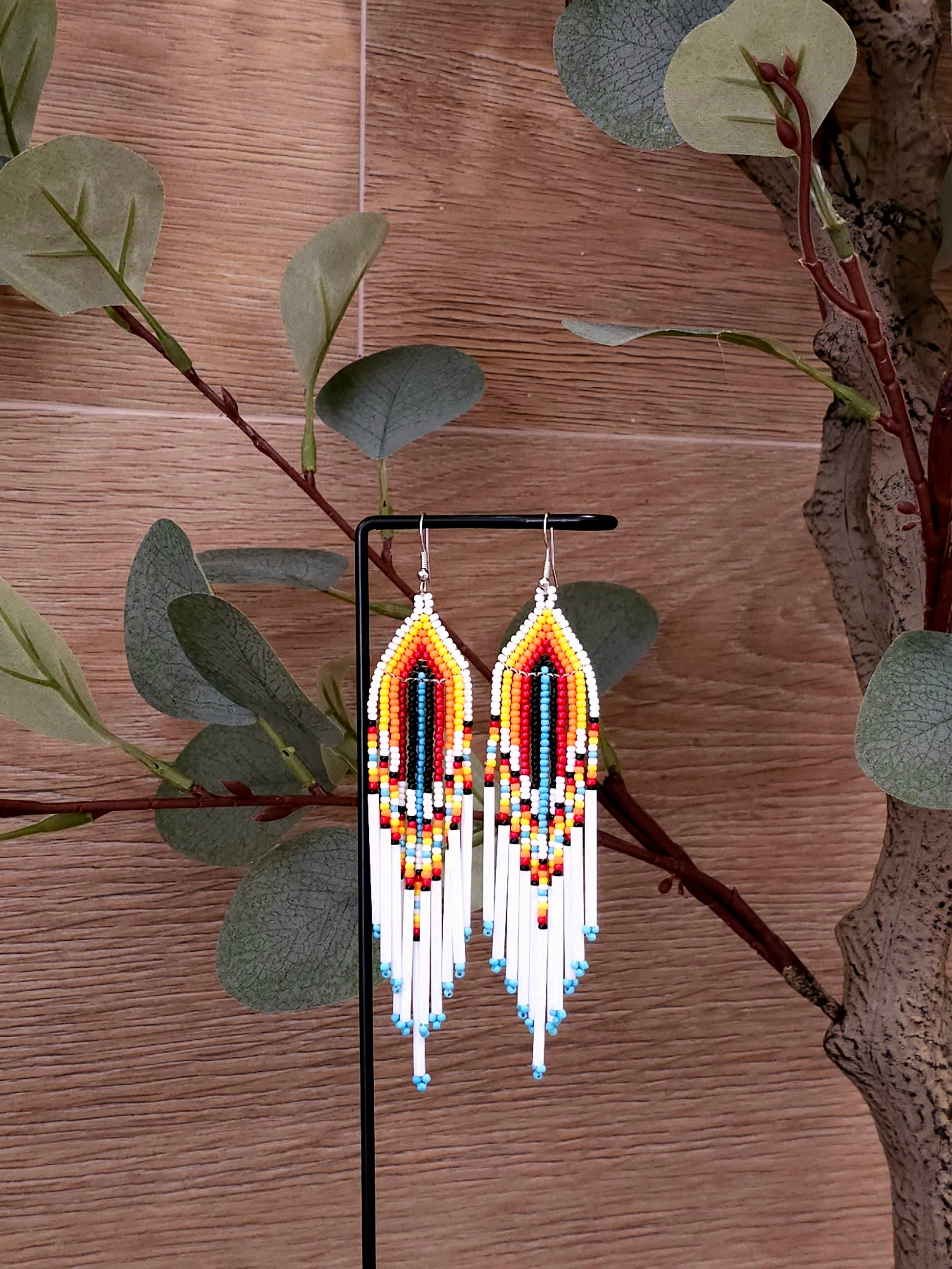 Rainbow Flame Earrings with Gradient Beads and Fringe