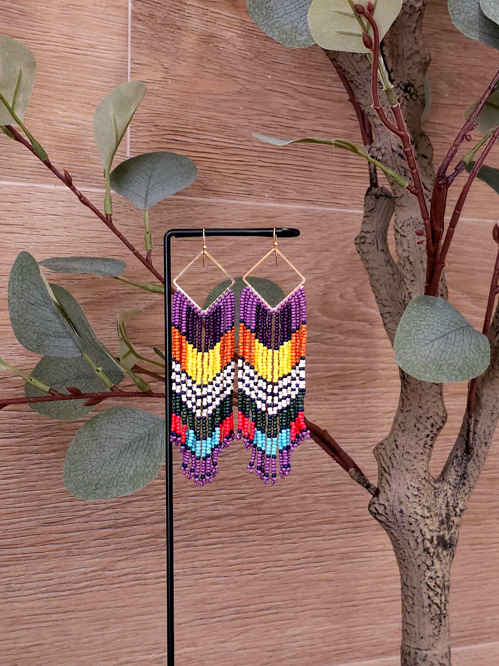 Tribal Elegance Earrings with Colorful Beads and Gold Frames