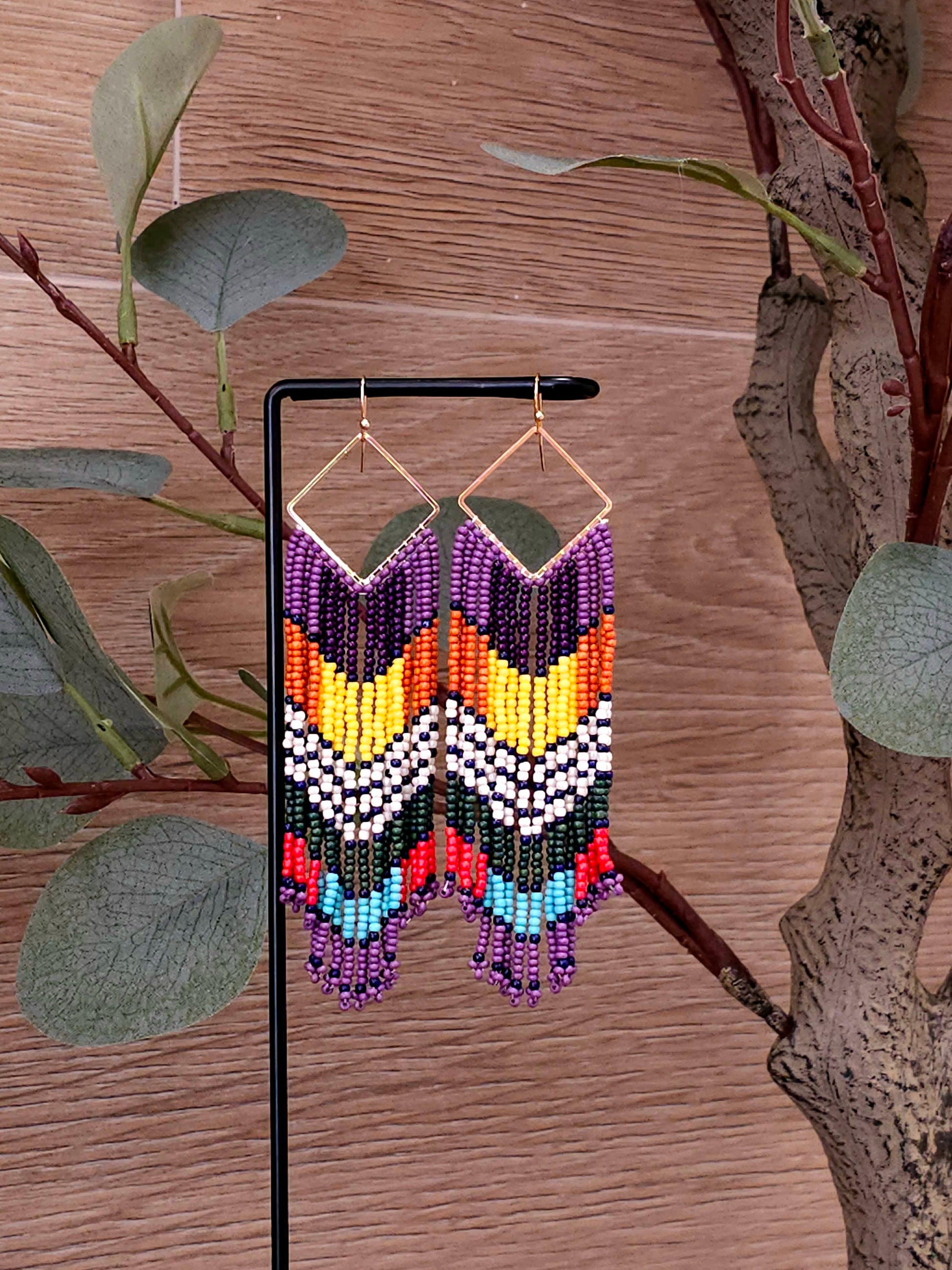 Tribal Elegance Earrings with Colorful Beads and Gold Frames