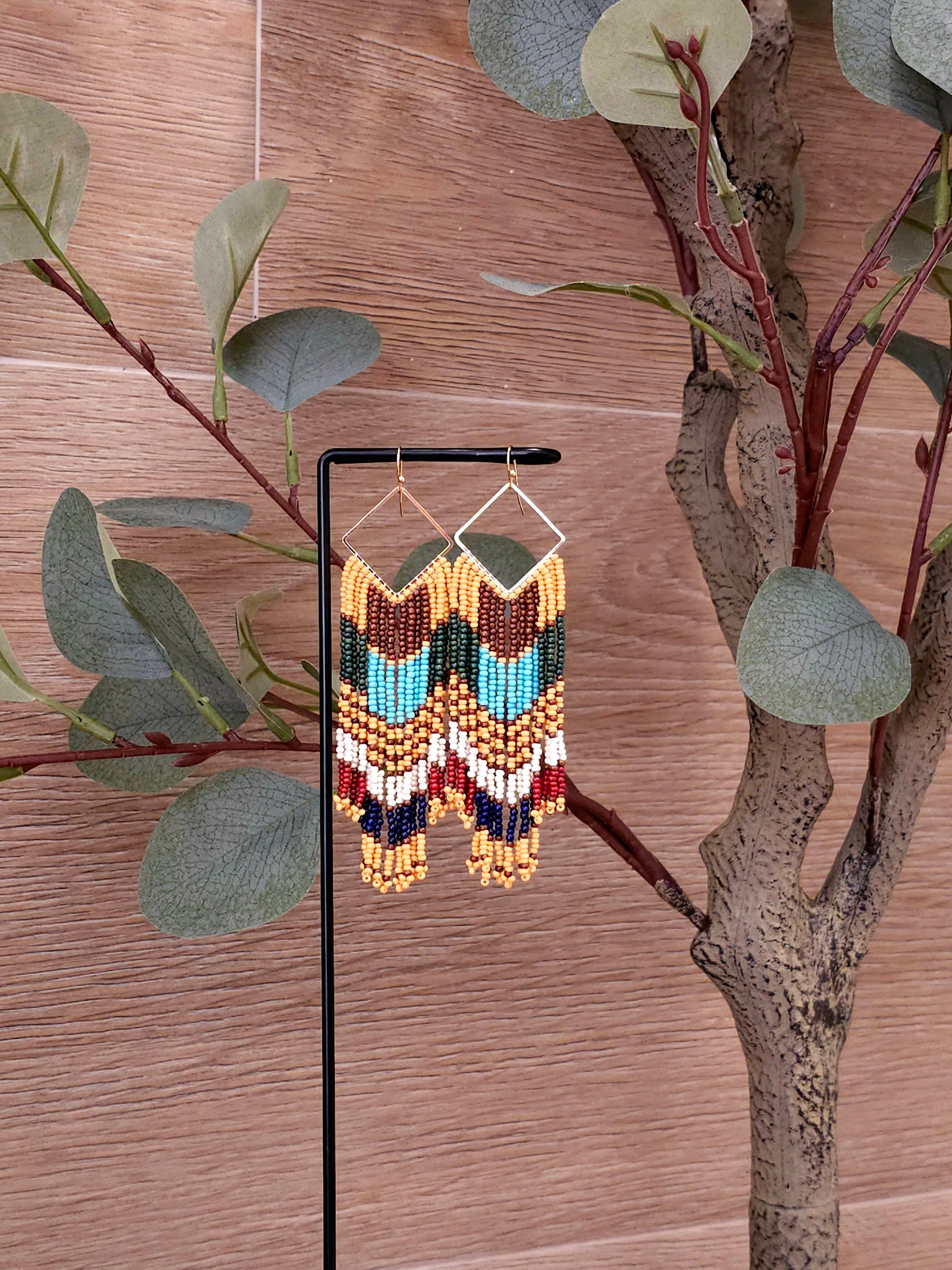Tribal Splendor Earrings with Colorful Beads and Gold Accents
