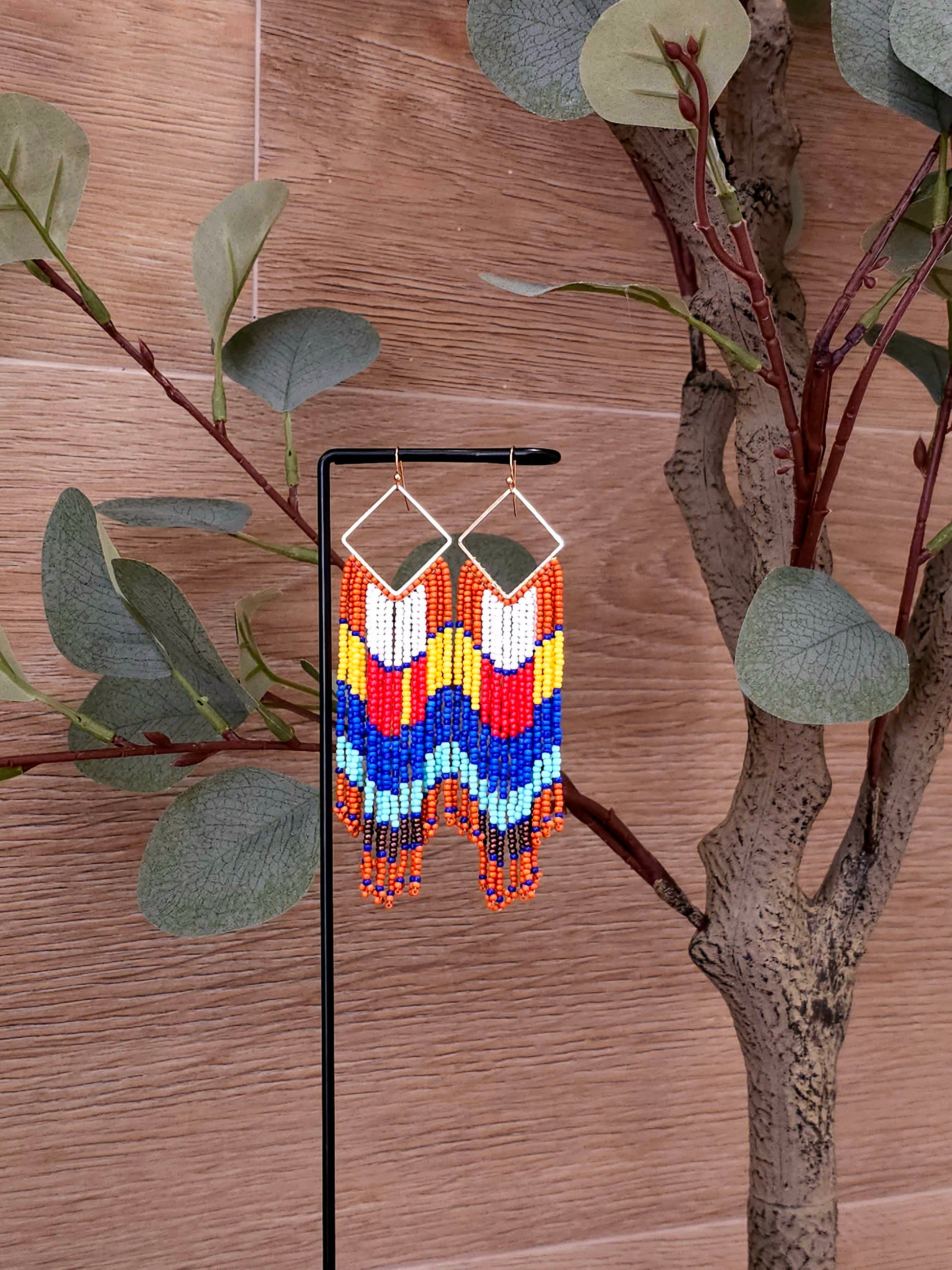 Tribal Sunset Earrings with Colorful Beads and Gold Accents