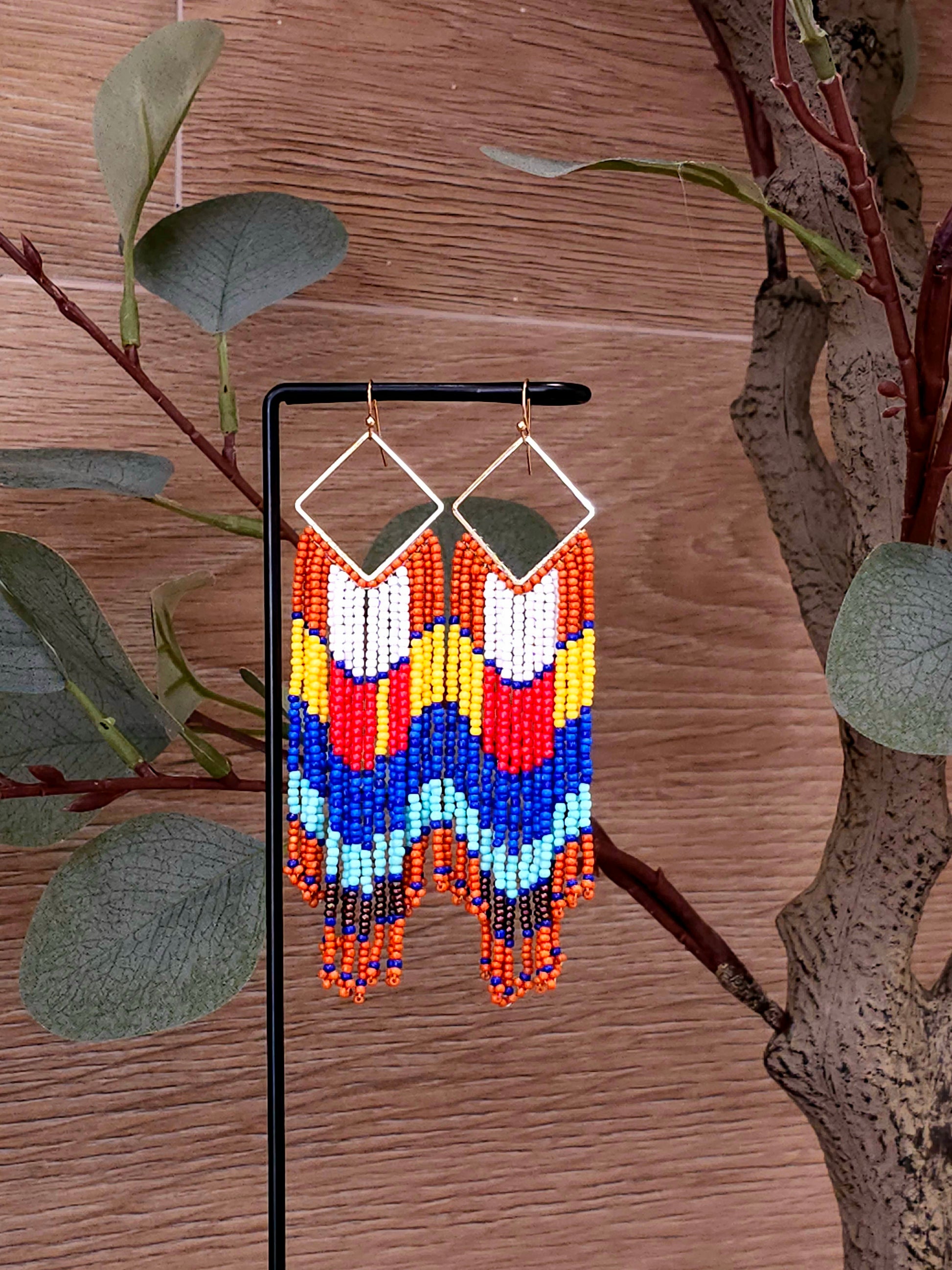 Tribal Sunset Earrings with Colorful Beads and Gold Accents