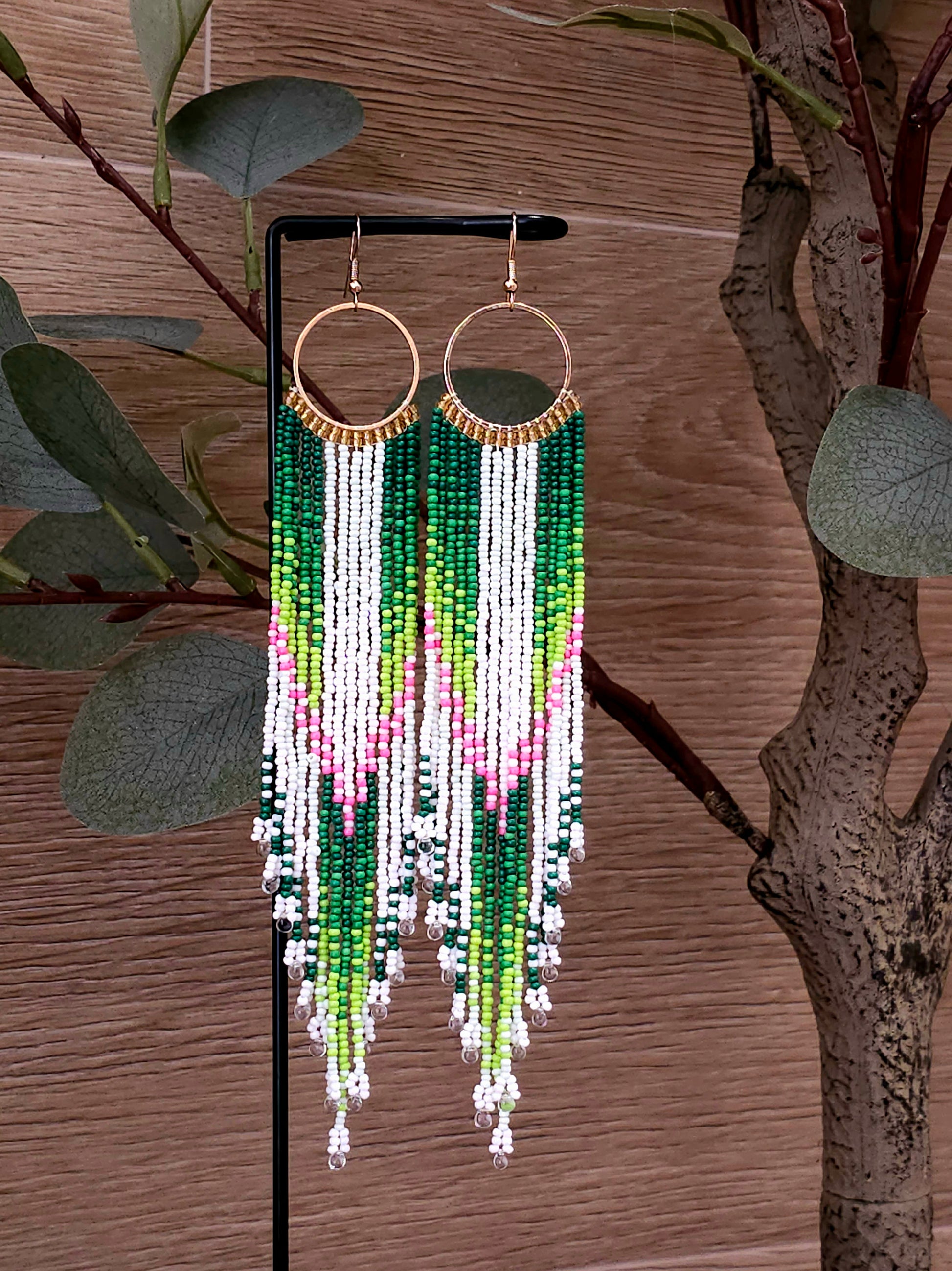 Emerald Cascade Earrings with Colorful Beads and Gold Hoops