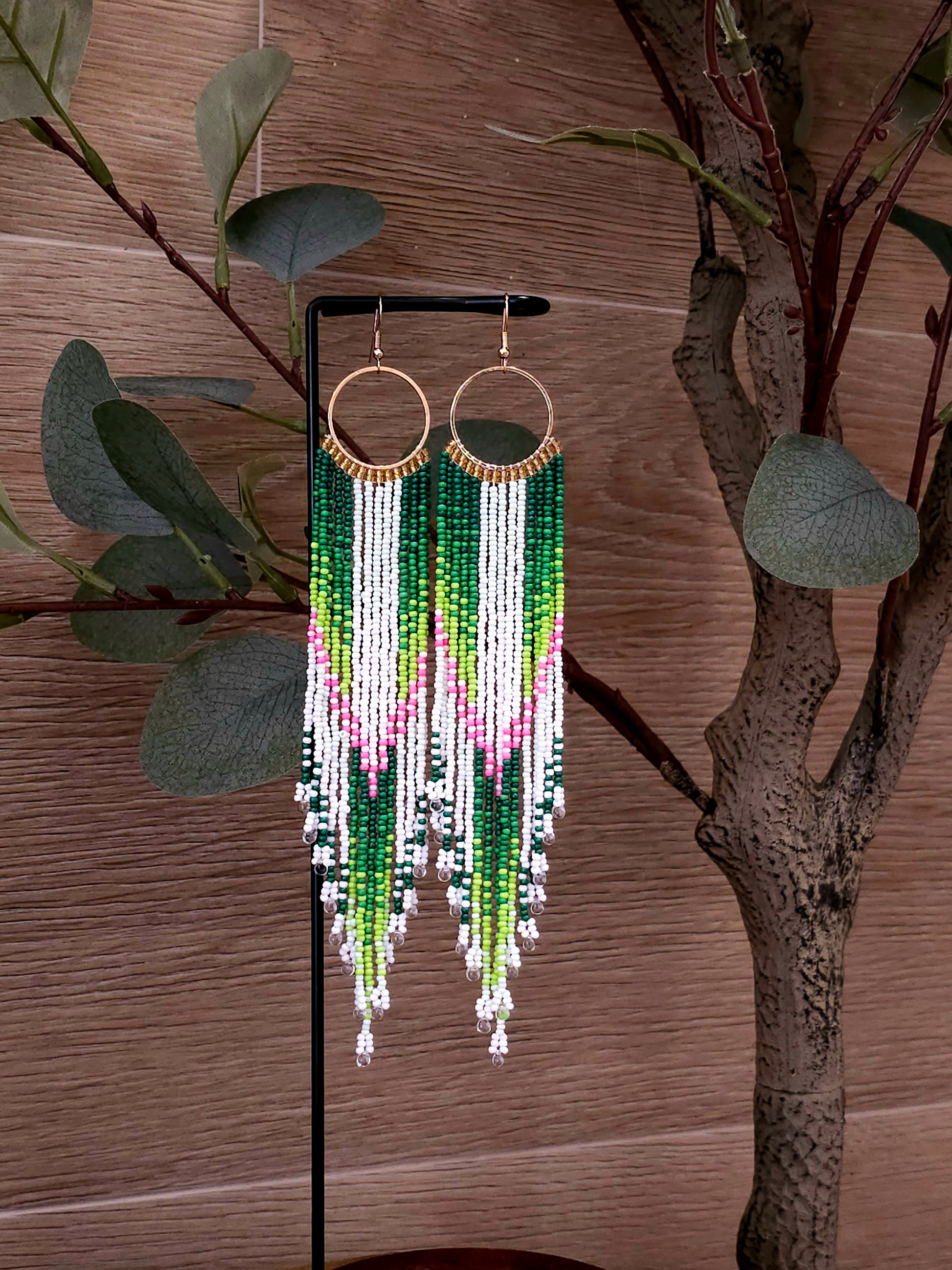 Emerald Cascade Earrings with Colorful Beads and Gold Hoops