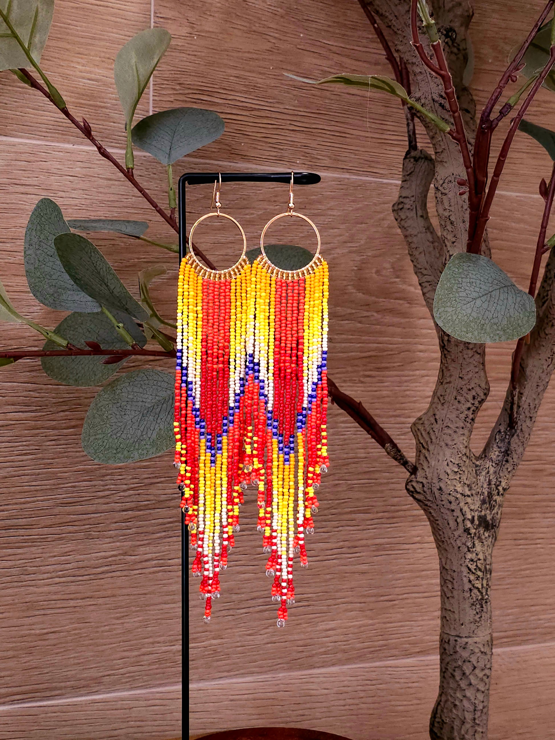 Sunset Blaze Earrings with Colorful Beads and Gold Hoops