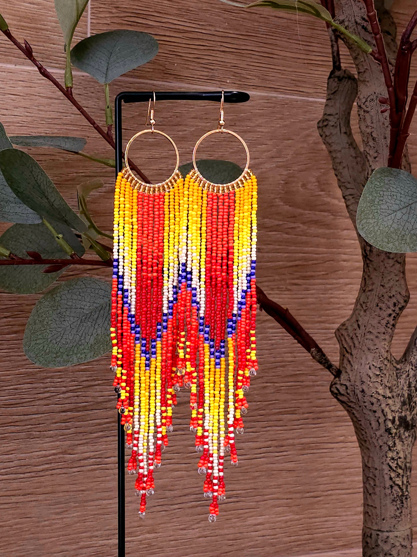Sunset Blaze Earrings with Colorful Beads and Gold Hoops