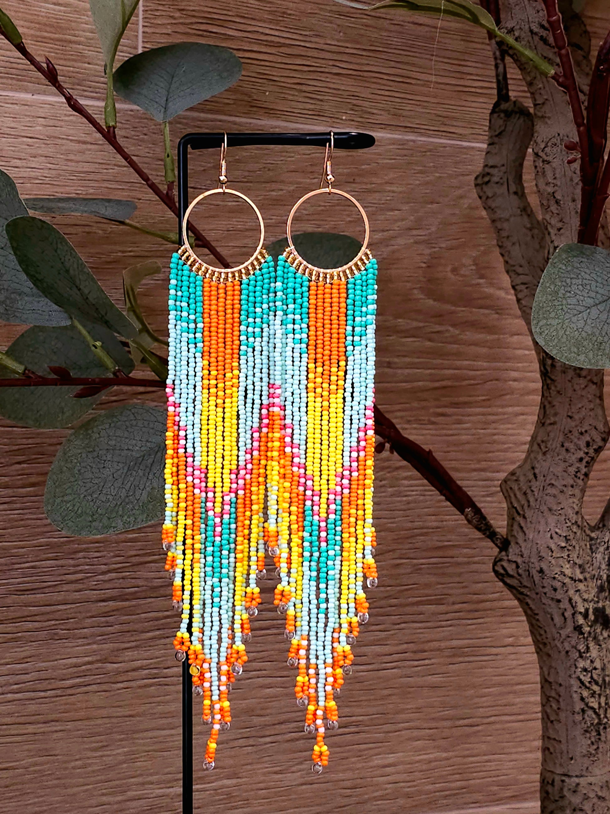 Tropical Sunset Earrings with Colorful Beads and Gold Hoops
