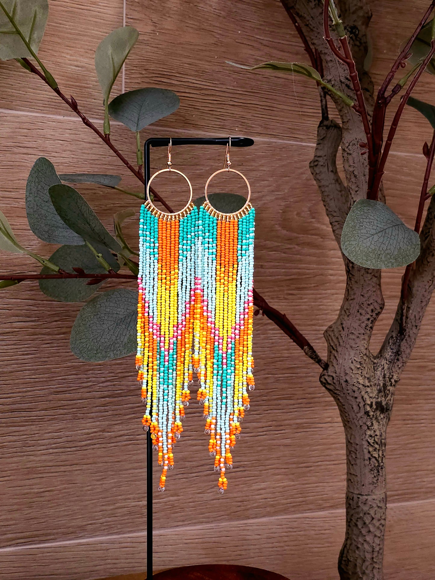 Tropical Sunset Earrings with Colorful Beads and Gold Hoops