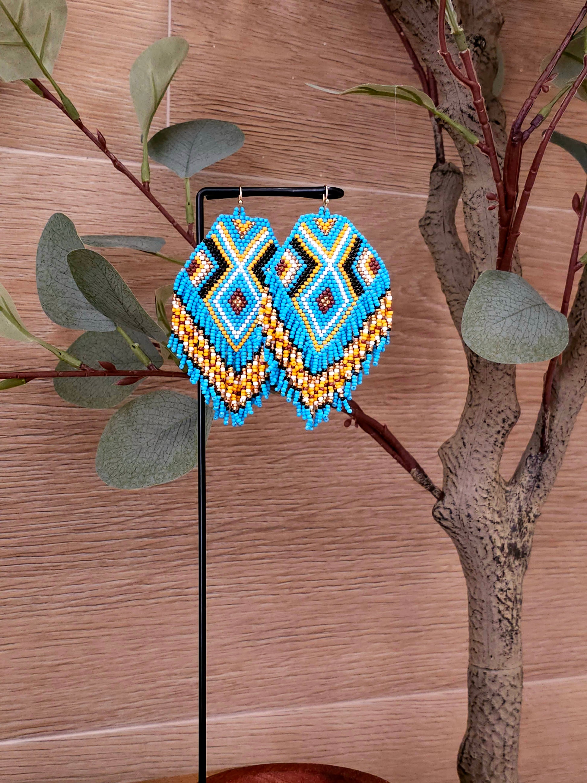Azure Diamond Earrings with Handcrafted Beaded Design