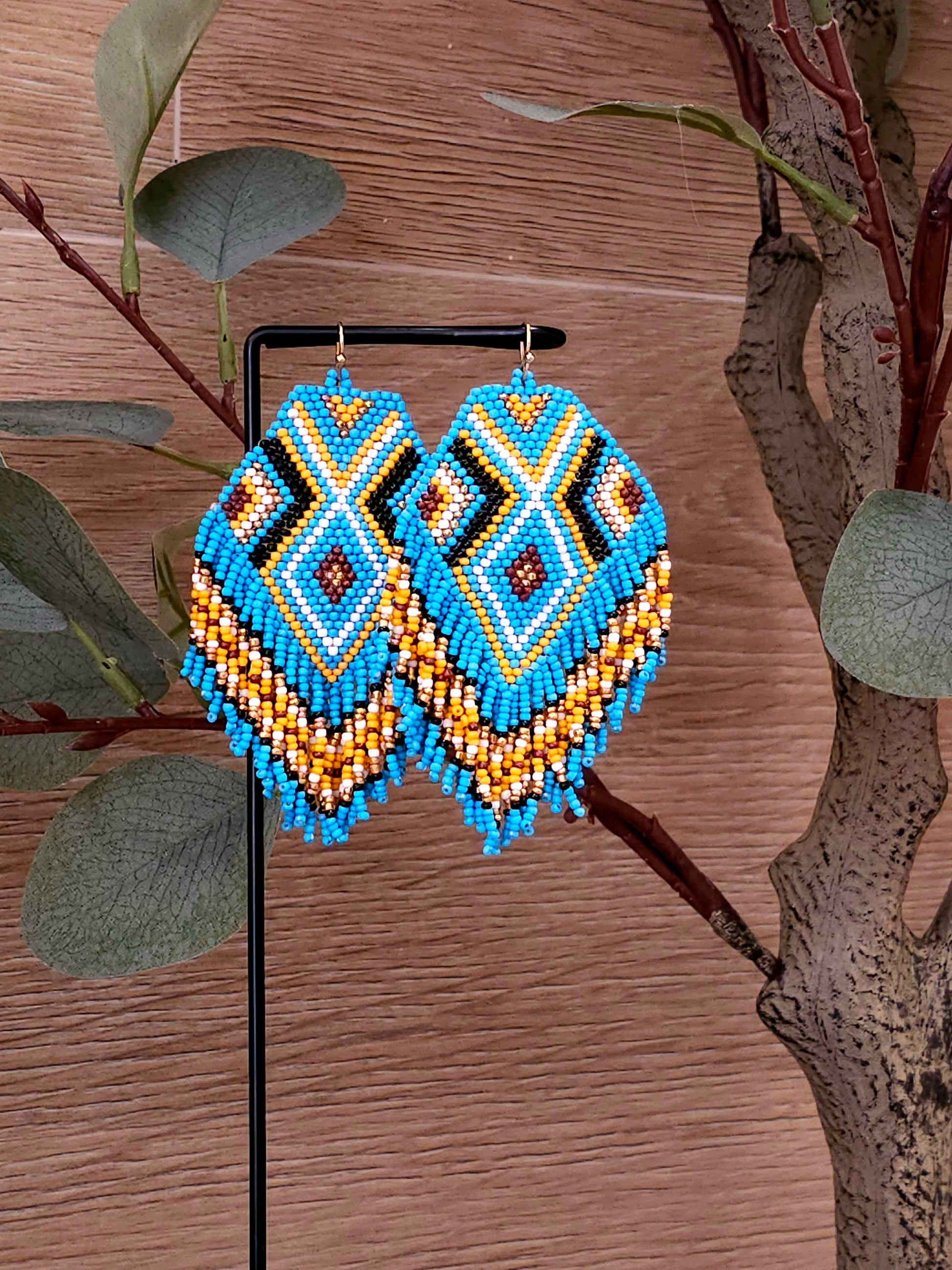 Azure Diamond Earrings with Handcrafted Beaded Design