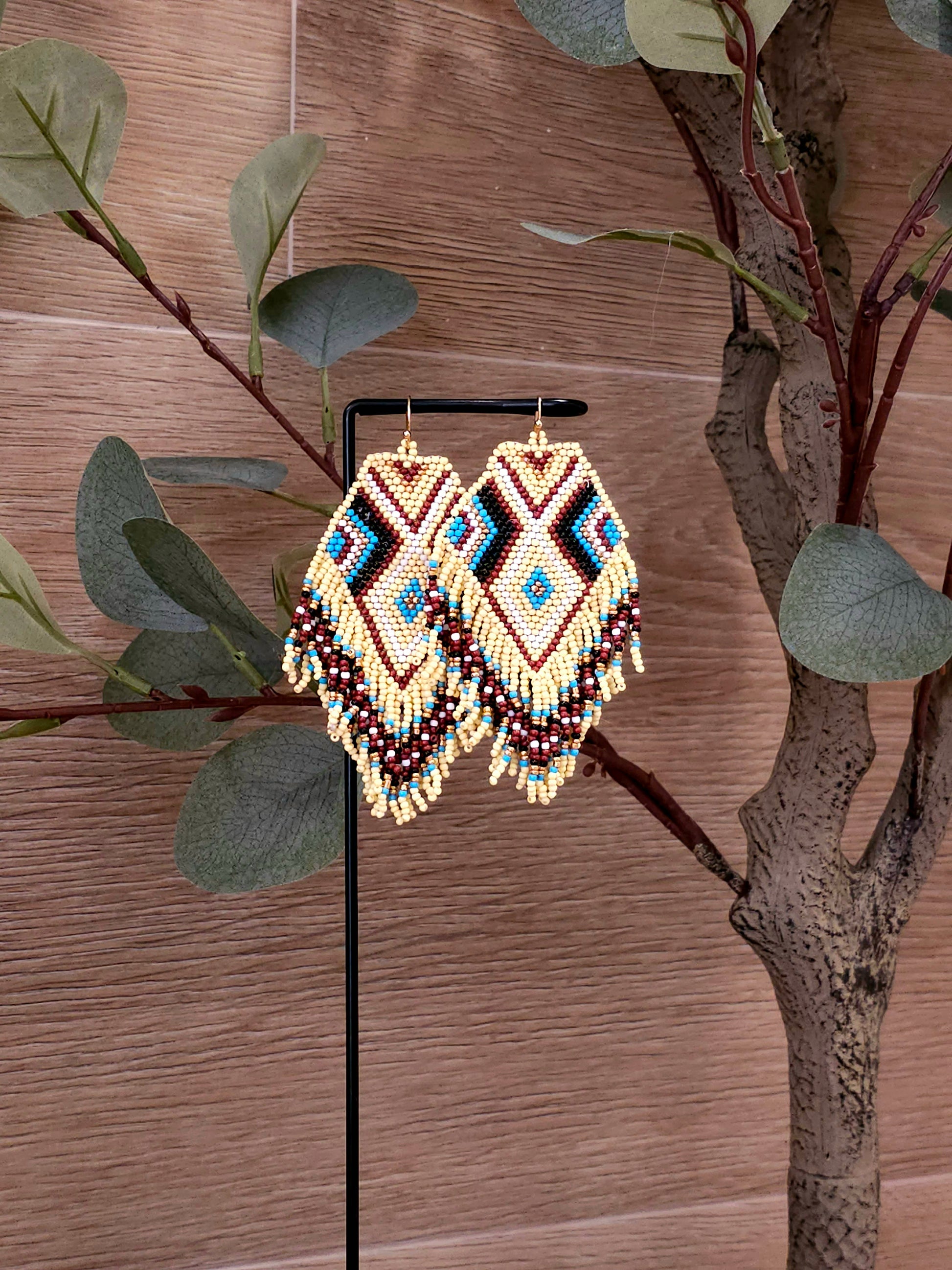Desert Diamond Earrings with Woven Beads in Earthy Tones