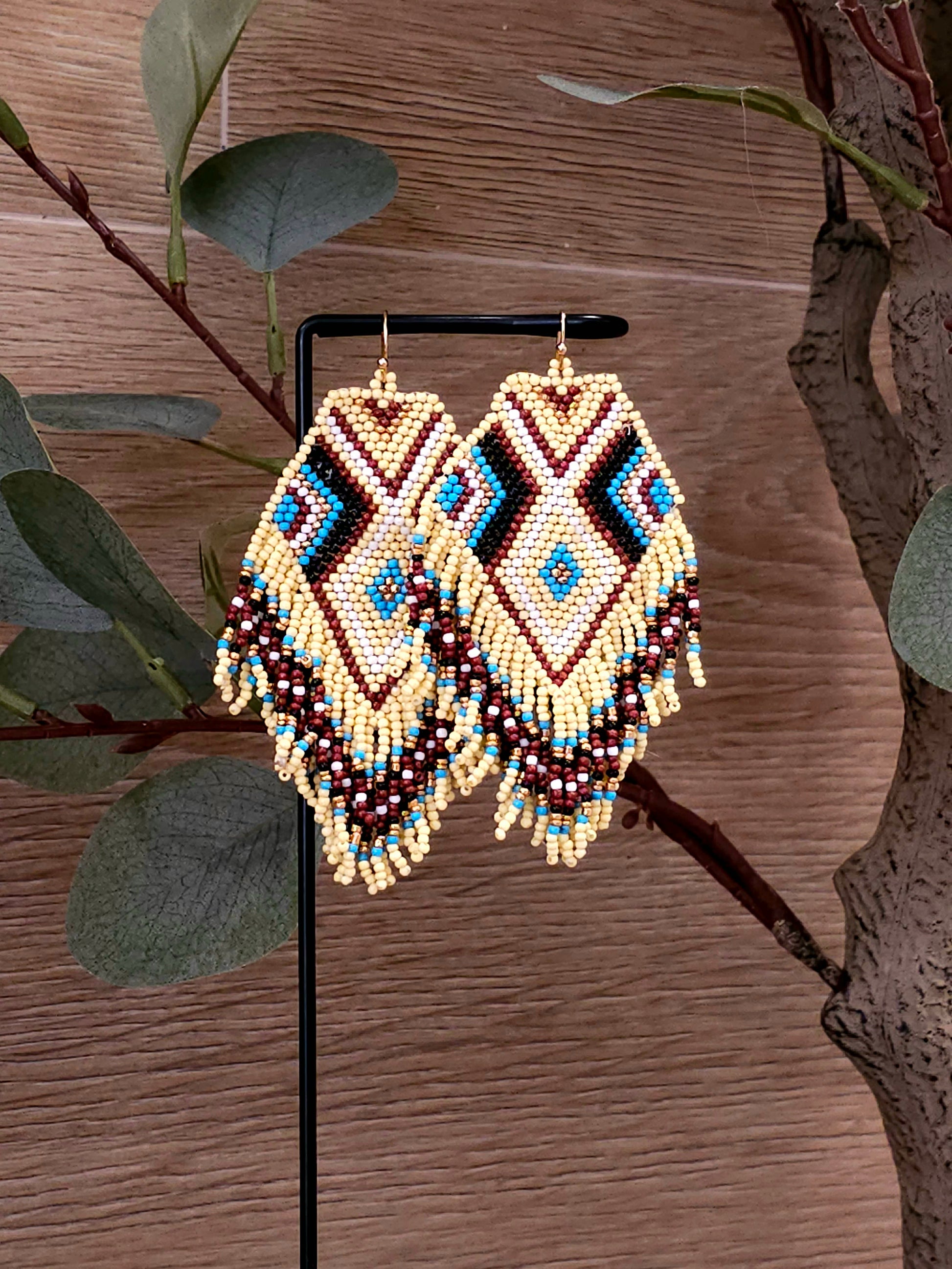Desert Diamond Earrings with Woven Beads in Earthy Tones