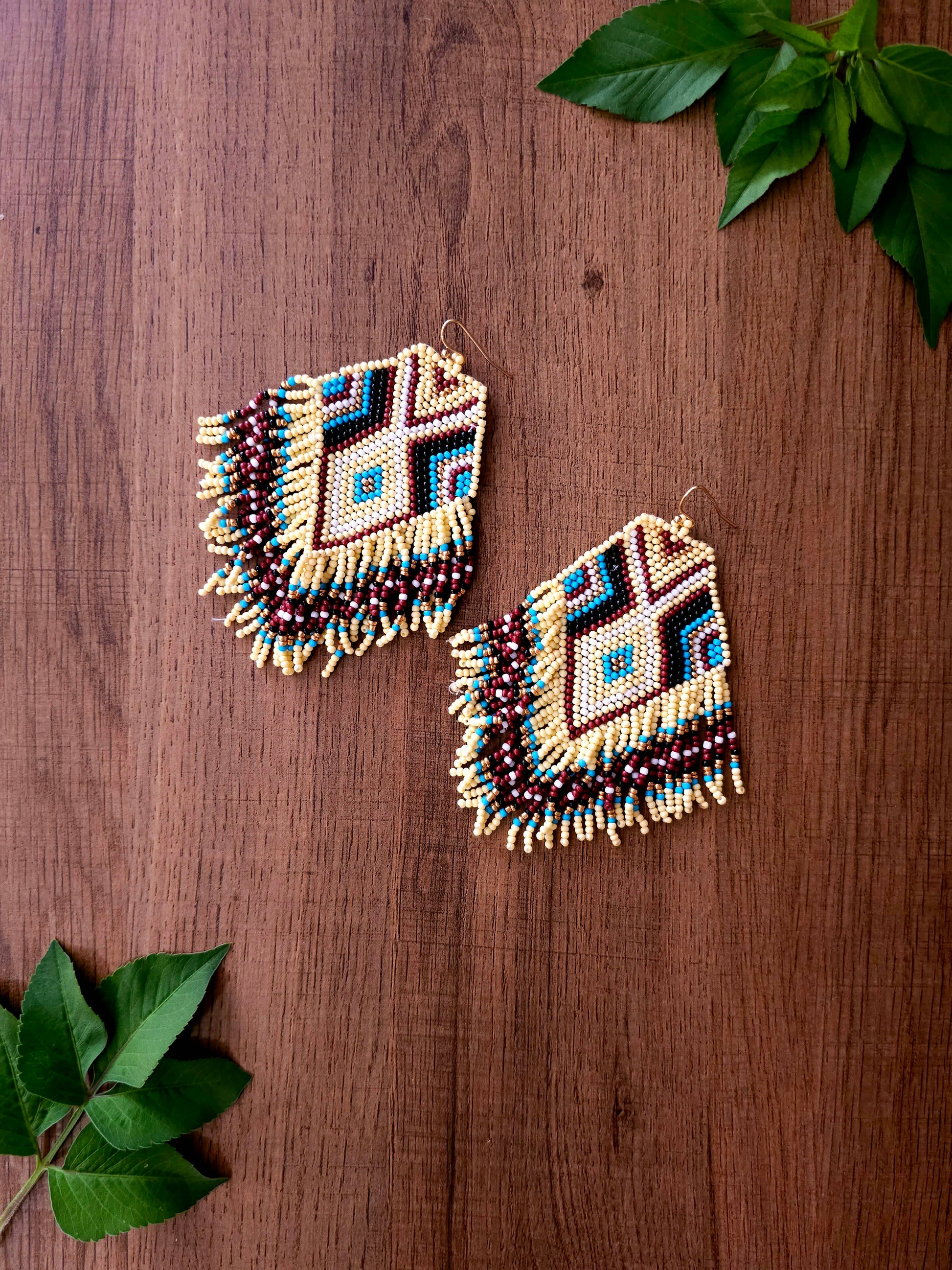 Desert Diamond Earrings with Woven Beads in Earthy Tones